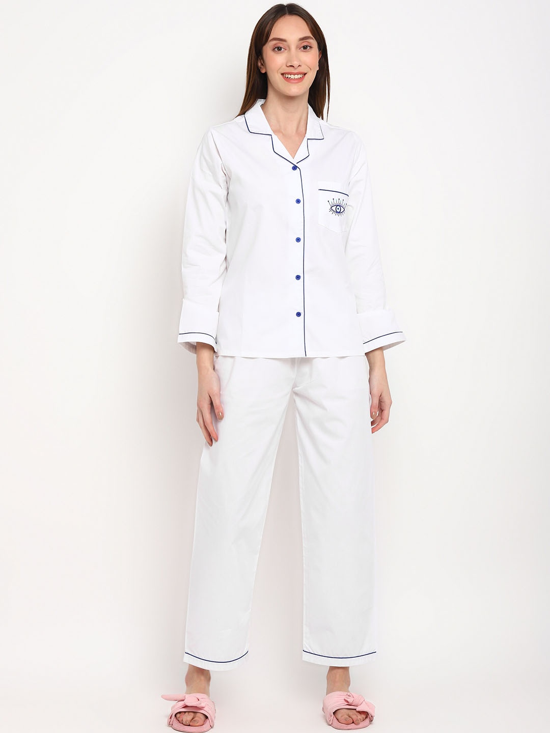 

shopbloom Women Evil Eye Embroidered Pure Cotton Lapel Collar Shirt & Pyjamas, White