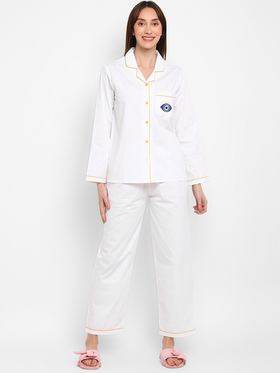 

shopbloom Women Evil Eye Embroidered Pure Cotton Lapel Collar Shirt & Pyjamas, White