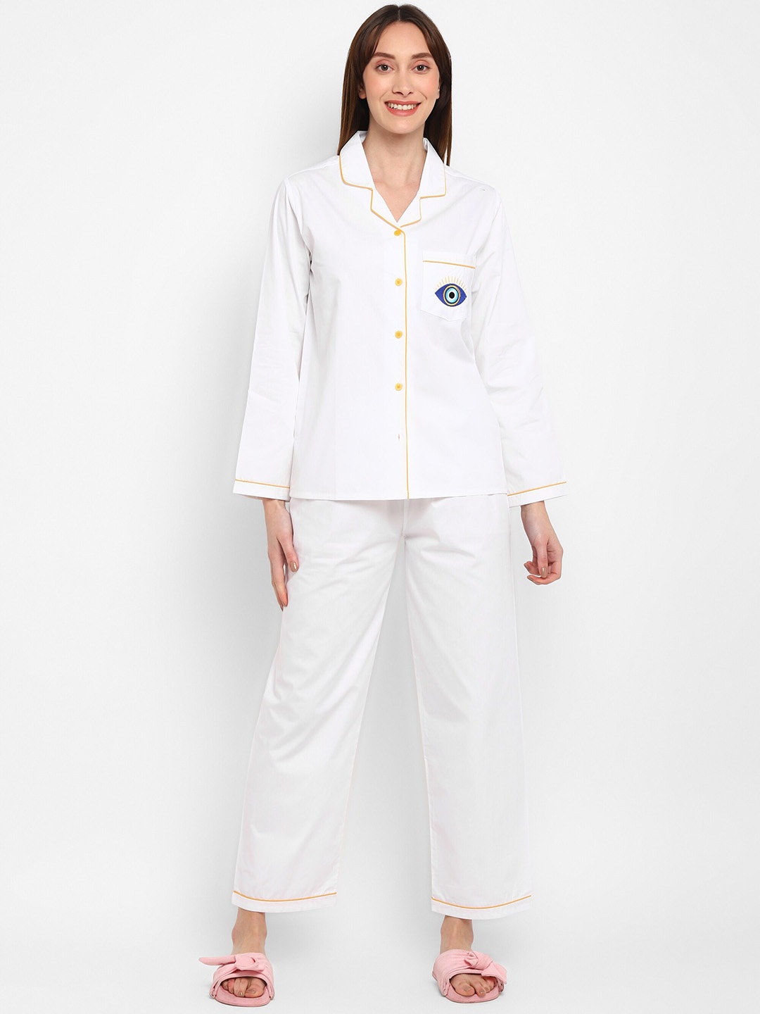 

shopbloom Lapel Collar Pure Cotton Night suit, White