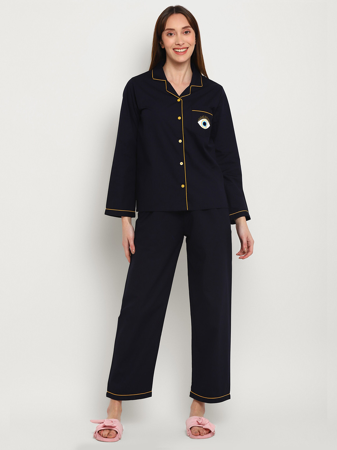 

shopbloom Lapel Collar Pure Cotton Night suit, Navy blue