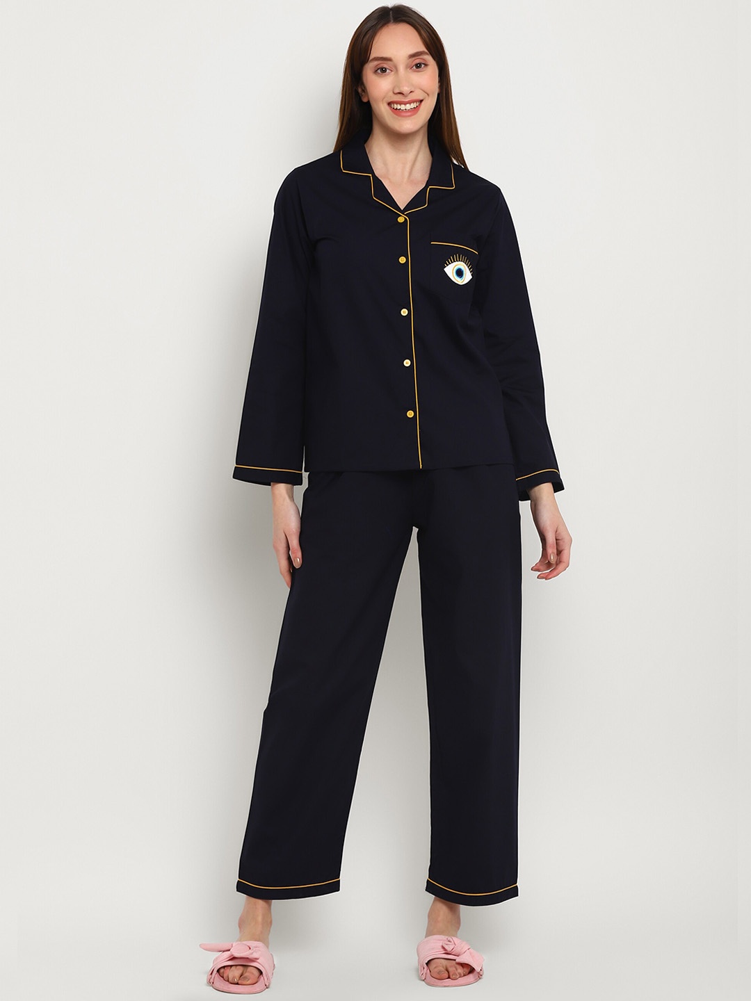 

shopbloom Lapel Collar Pure Cotton Night suit, Navy blue