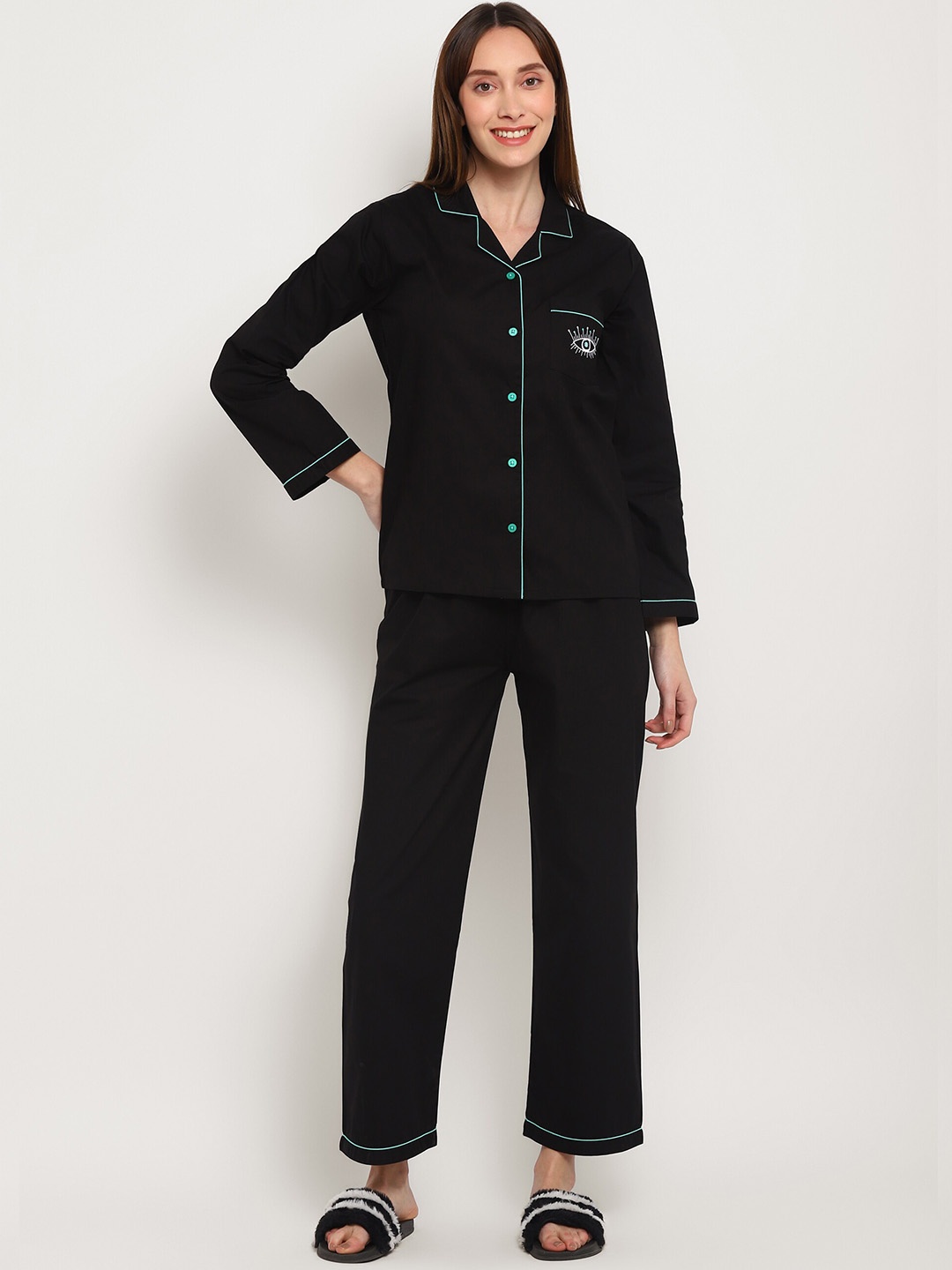 

shopbloom Lapel Collar Pure Cotton Night suit, Black