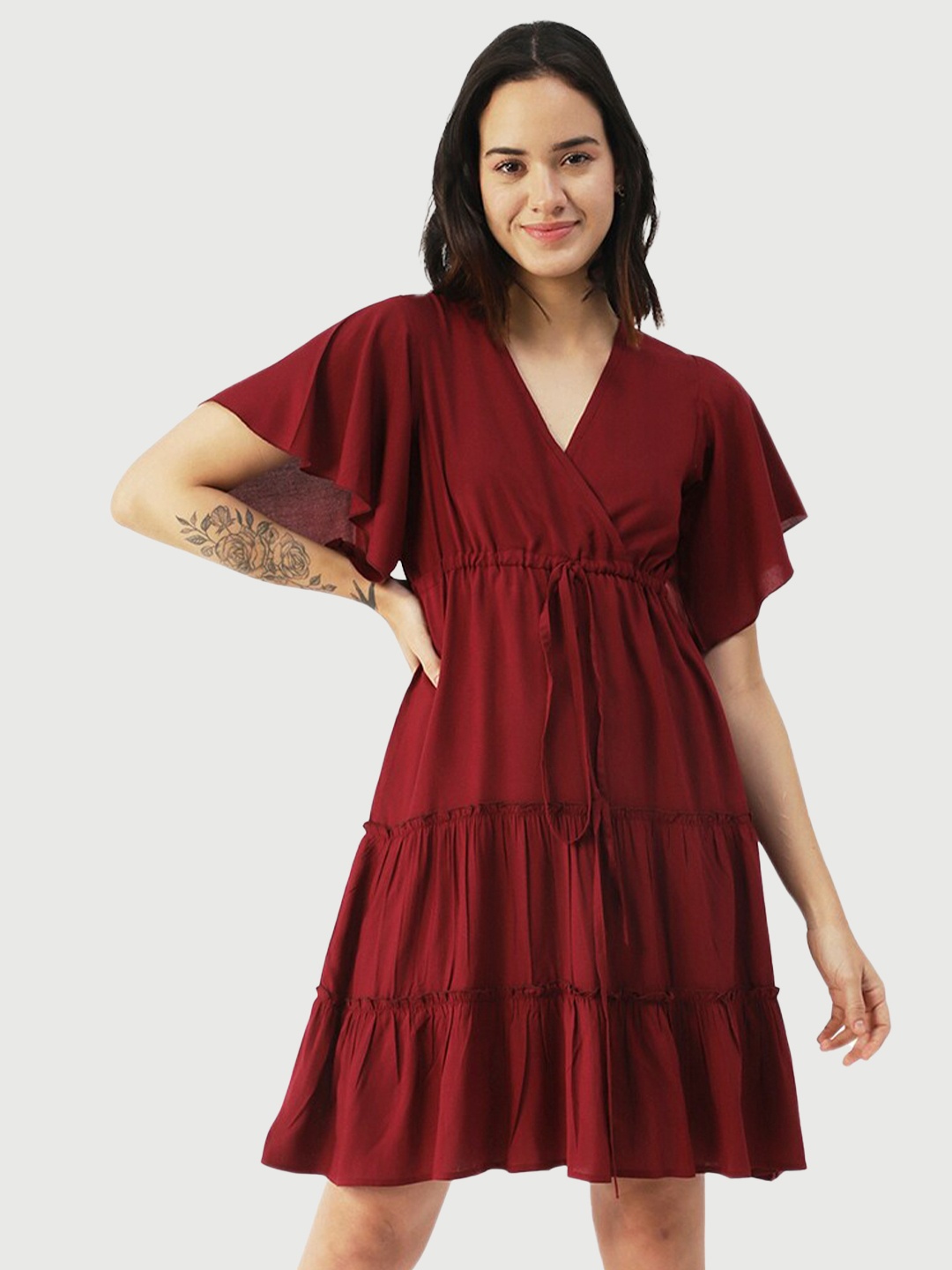 

Moomaya Tiered Flared Sleeve Fit & Flare Dress, Red