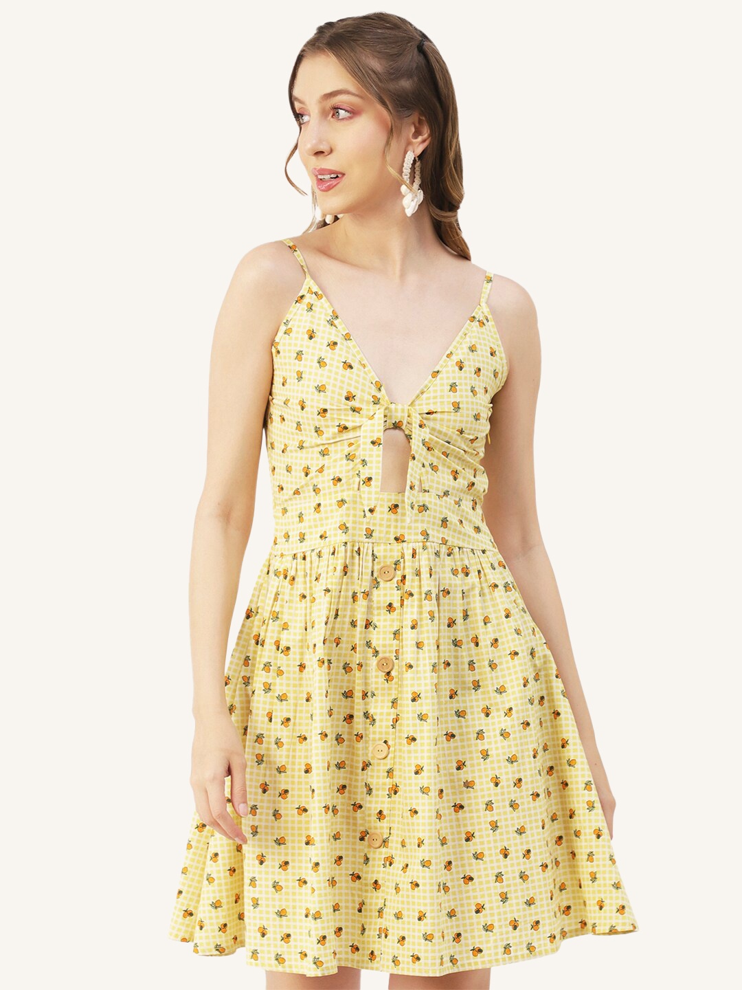 

Moomaya Conversational Printed Shoulder Strap Cut-Out Detailed Cotton Fit & Flare Dress, Yellow