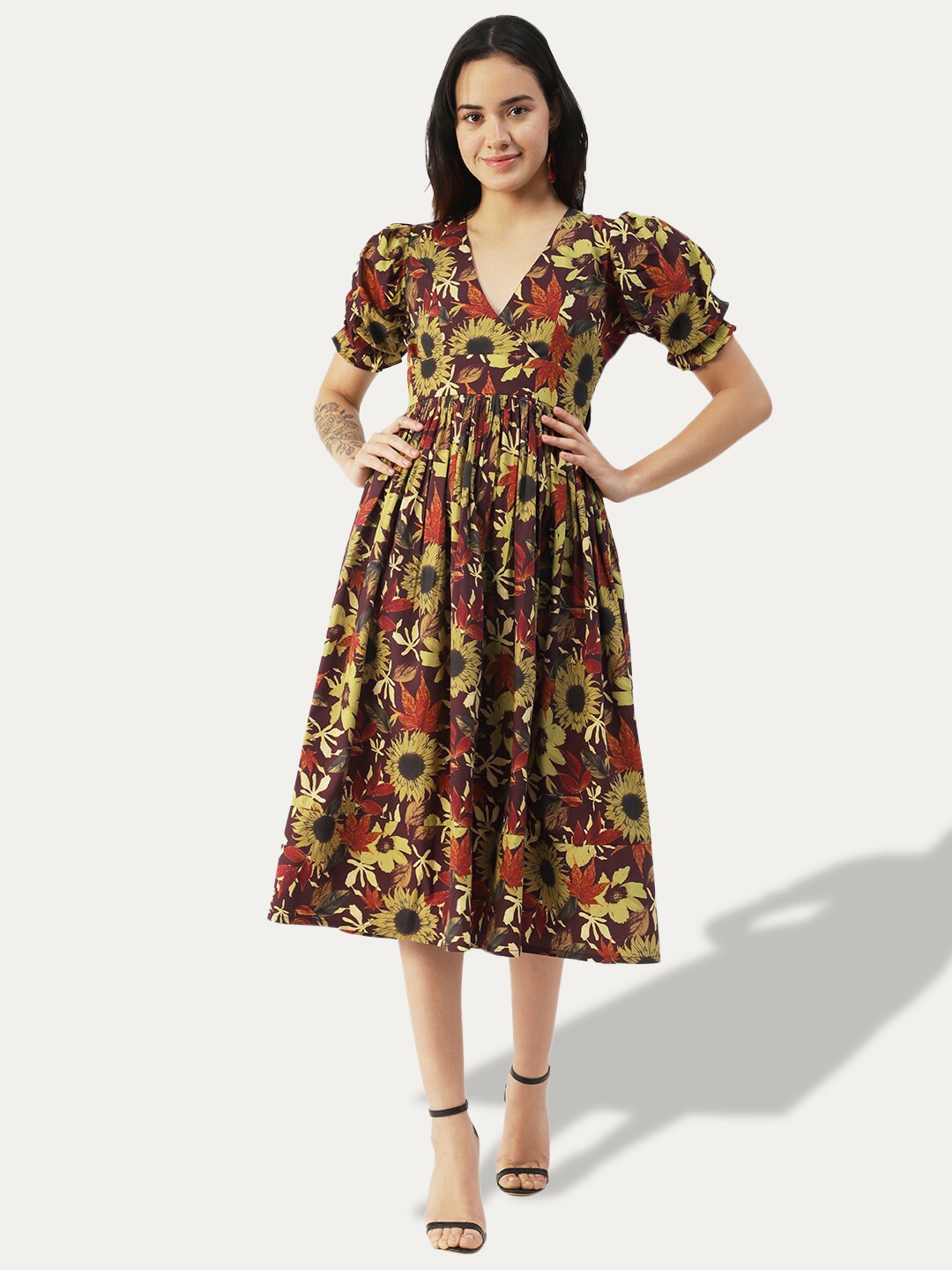 

Moomaya Floral Printed Puff Sleeve Gathered Fit & Flare Midi Dress, Maroon