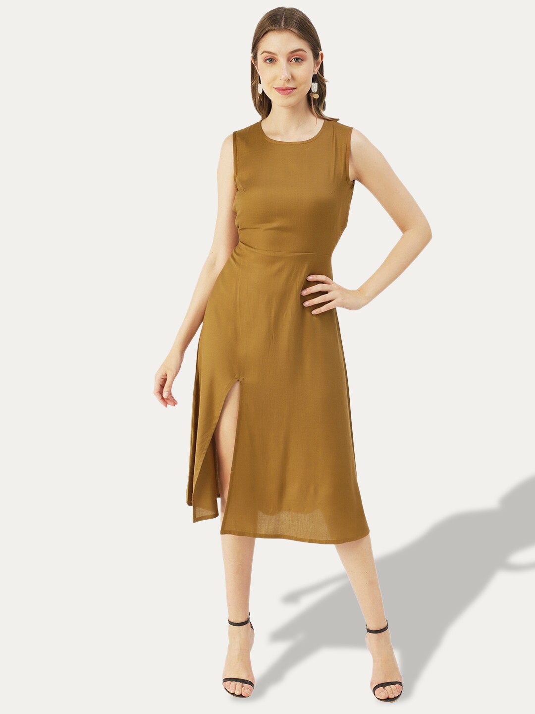

Moomaya A-Line, Cut Outs Side Slit Midi Dress, Mustard