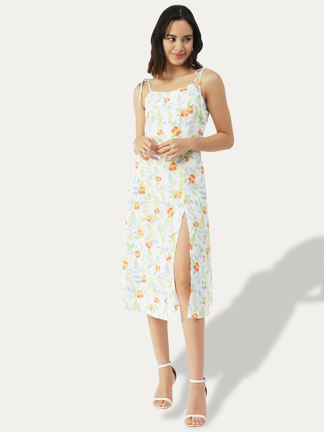 

Moomaya Floral Printed Shoulder Strap A-Line Midi Dress, White