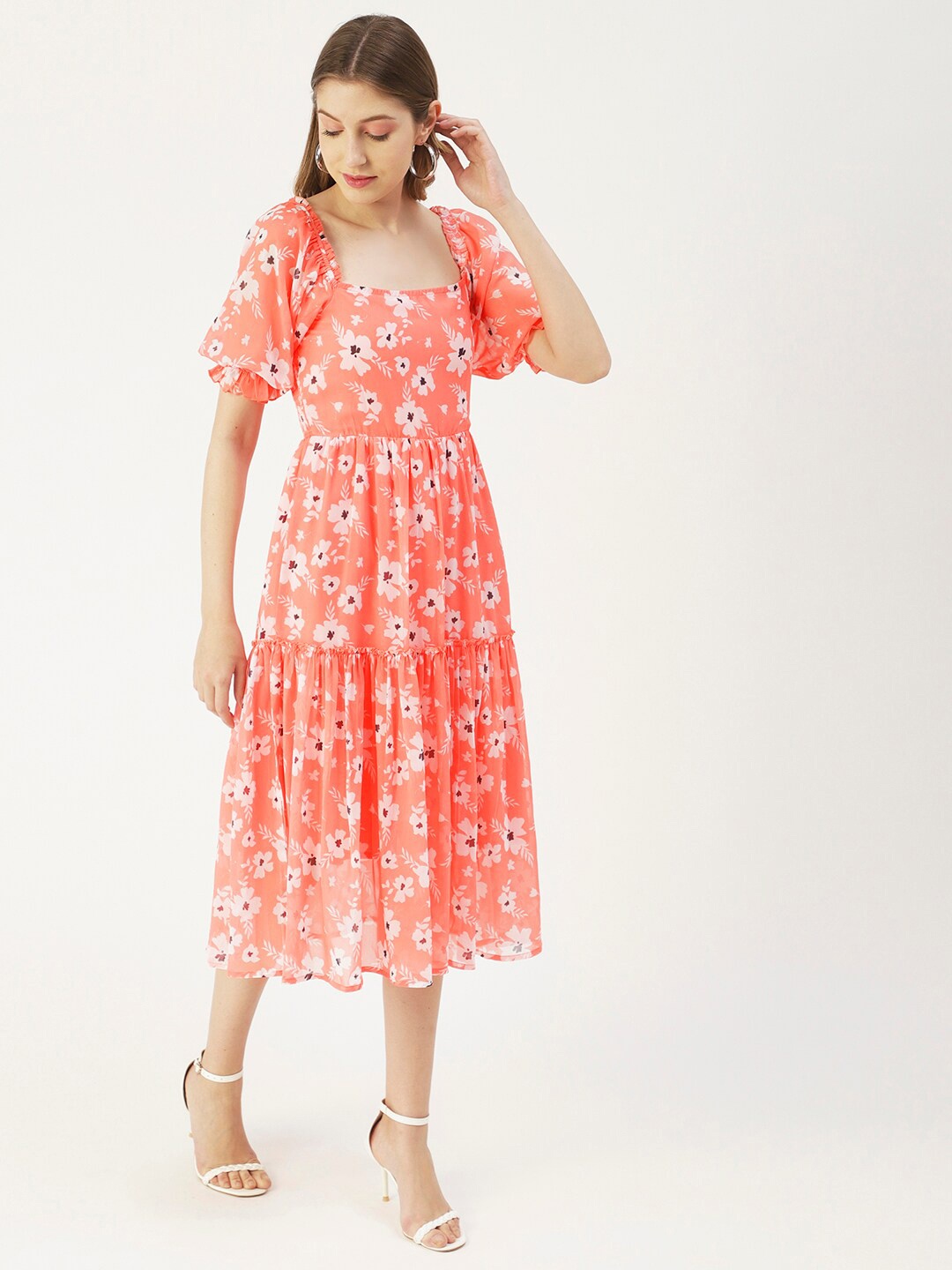 

Moomaya Floral Printed Puff Sleeves Square Neck Smocked Tiered Fit & Flare Midi Dress, Peach
