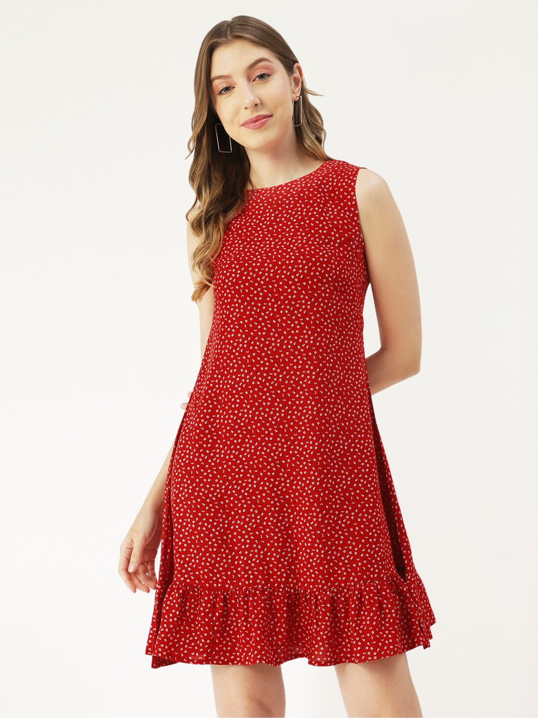 

Moomaya Floral Printed Round Neck Flounce Hem A-Line Dress, Red