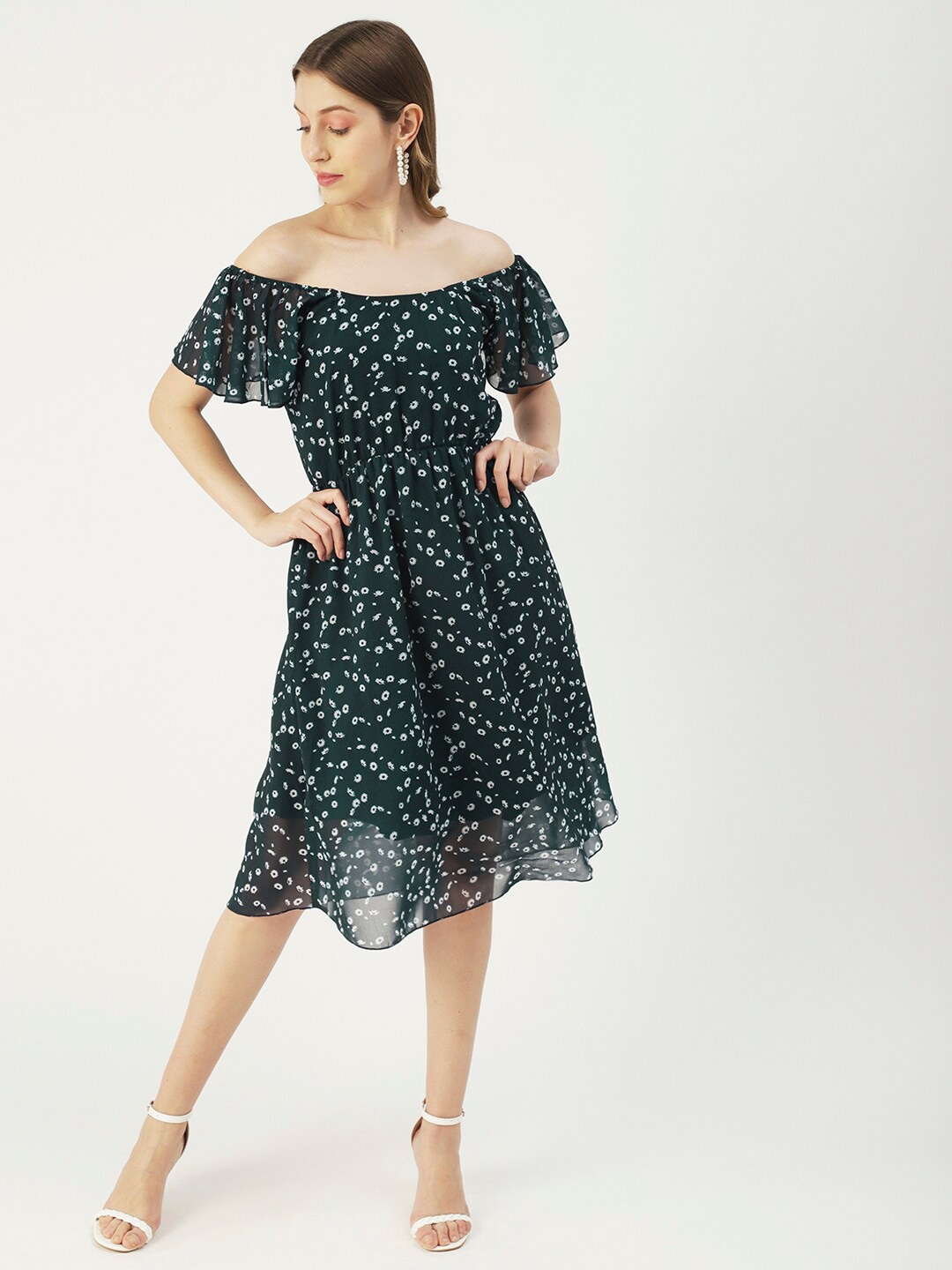

Moomaya Off-Shoulder Floral Print Flared Sleeve A-Line Dress, Teal
