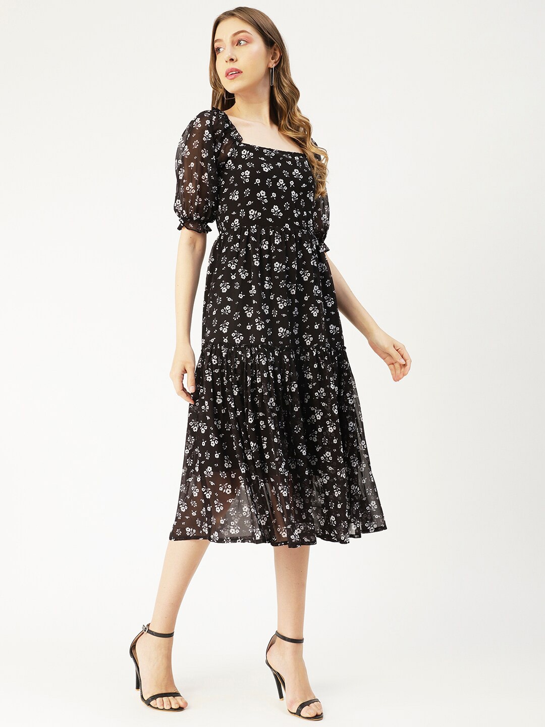 

Moomaya Floral Print ,Tiered A-Line Midi Dress, Black