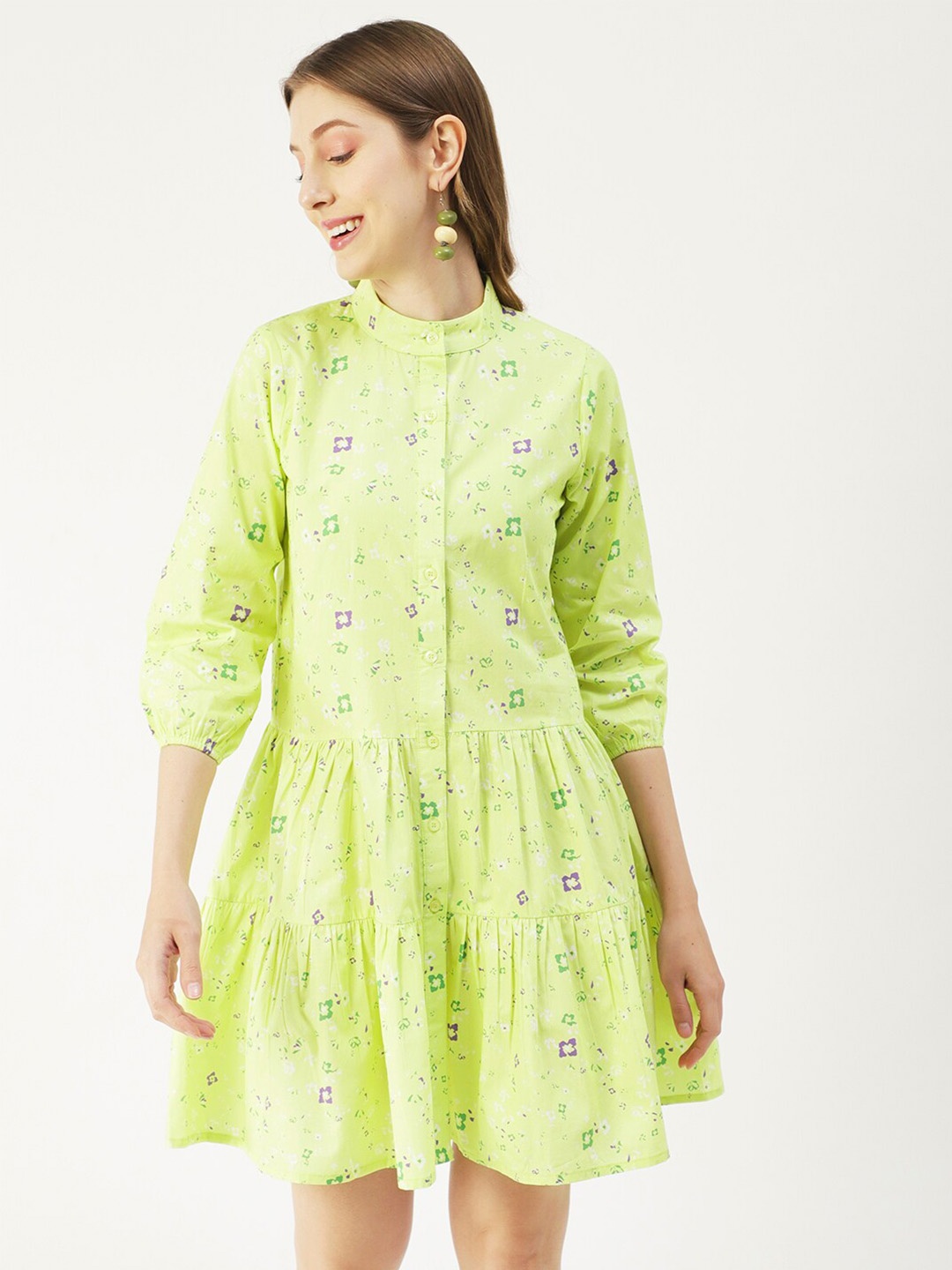 

Moomaya Floral Printed Puffed Sleeves Gathered Cotton Shirt Style Dress, Yellow