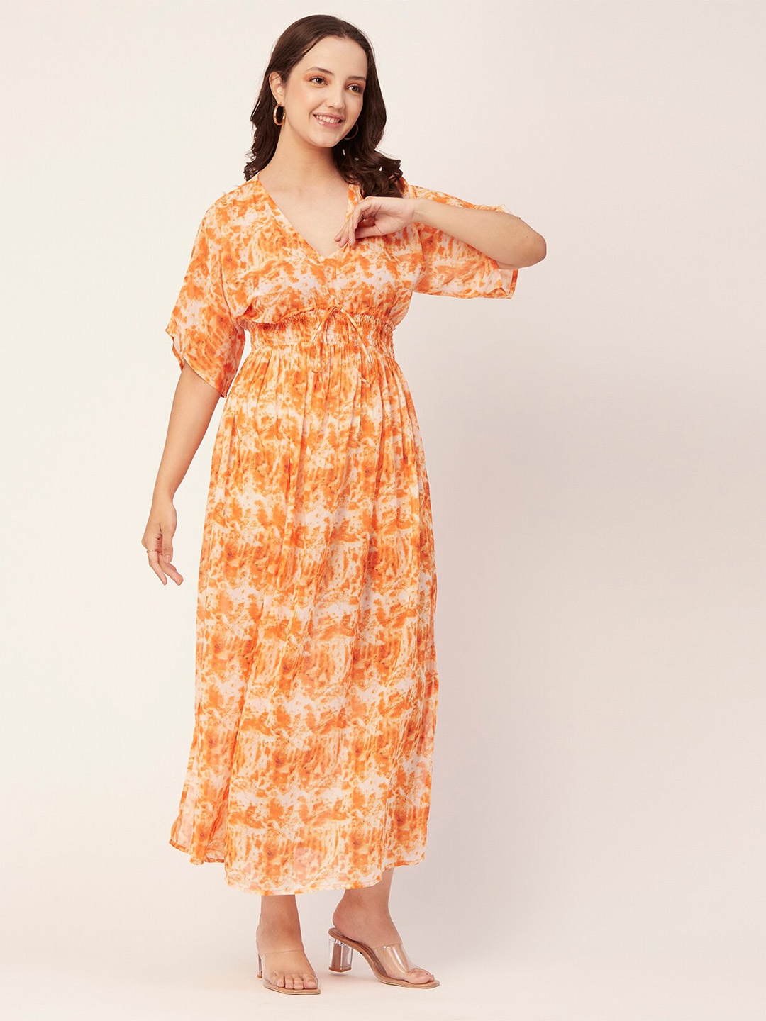 

Moomaya Tie & Dyed V-Neck Smocked Detailed Empire Midi Dress, Orange