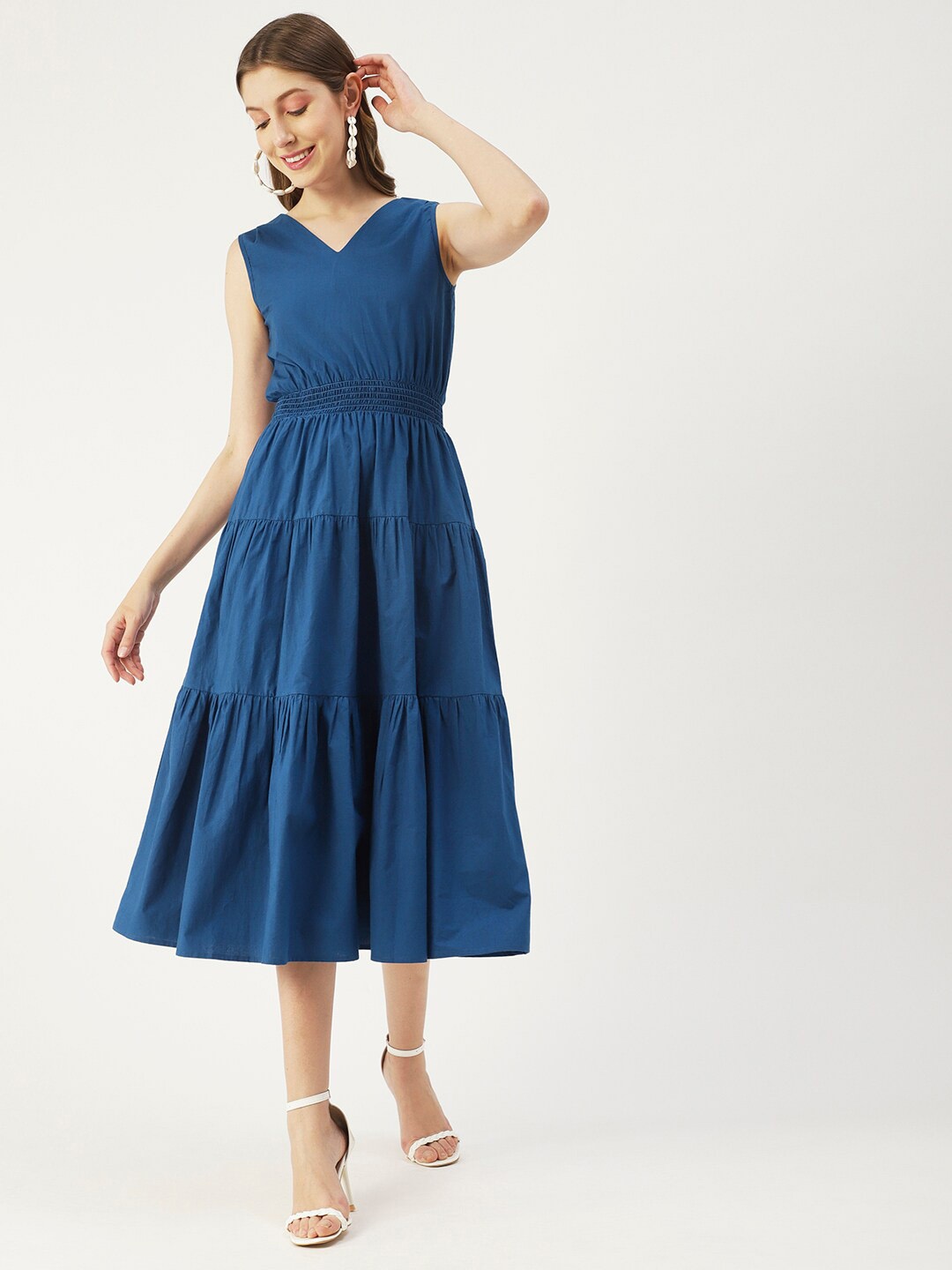 

Moomaya Gathered Cotton Fit & Flare Midi Dress, Blue