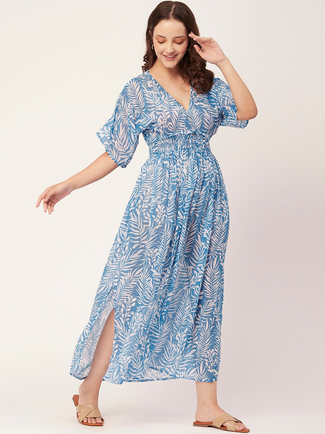 

Moomaya Tropical Printed V-Neck Smocked Detailed Empire Midi Dress, Blue