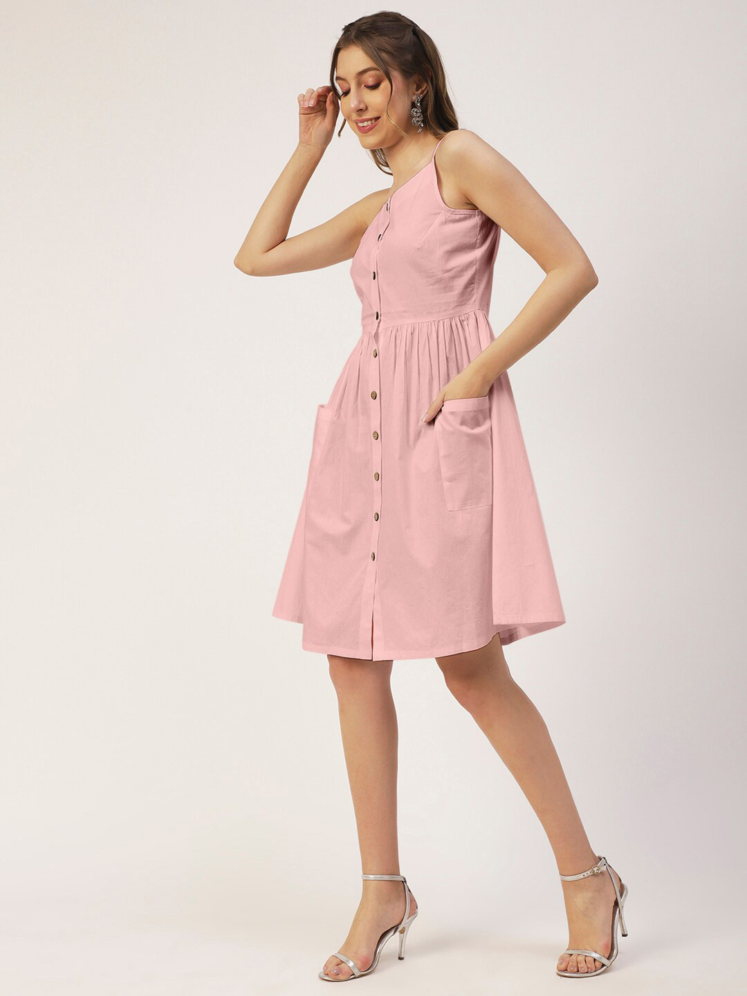 

Moomaya Sleeveless Gathered or Pleated Cotton Fit & Flare Dress, Pink