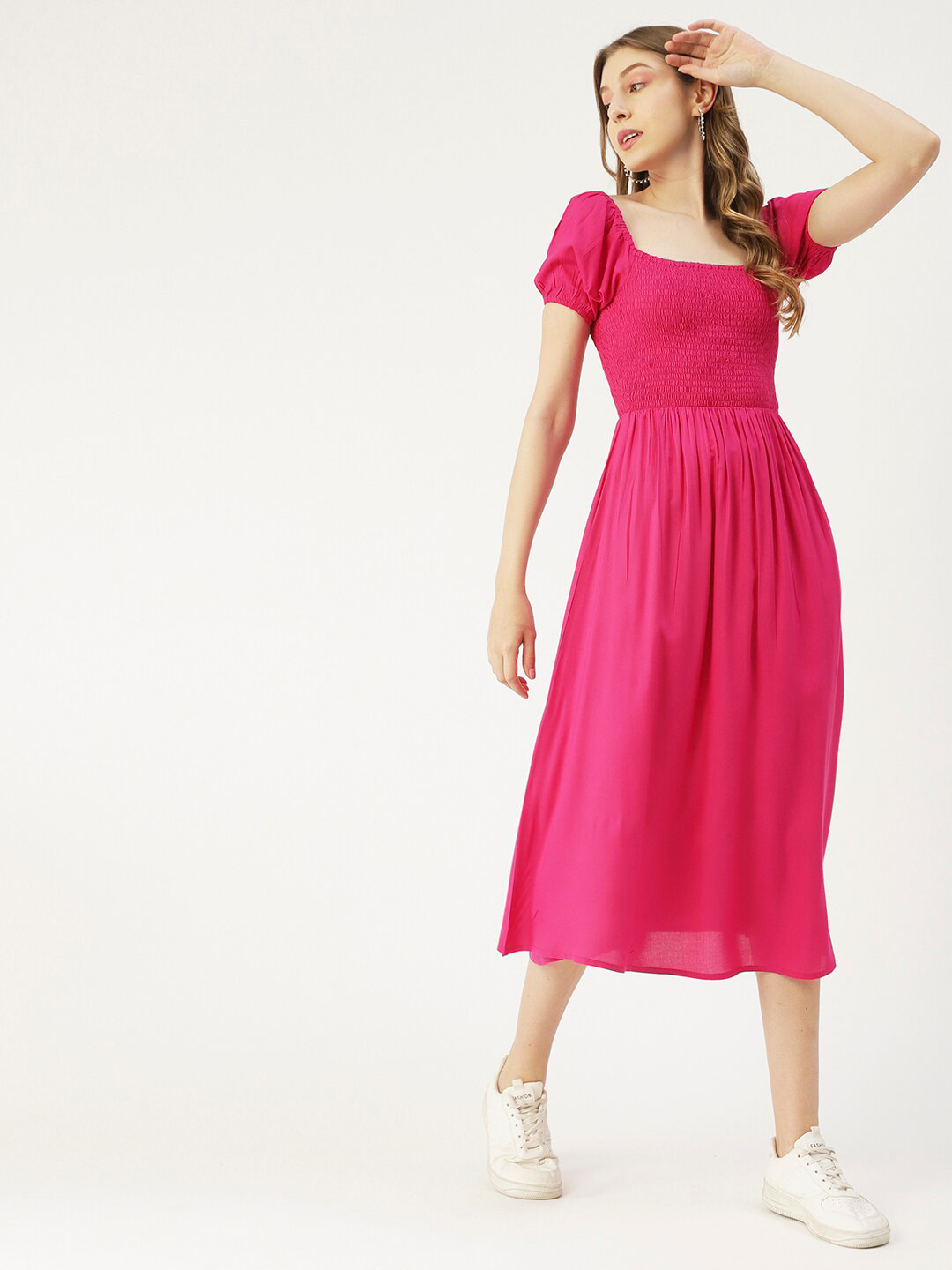 

Moomaya Square Neck Puffed Sleeves Smocked Fit & Flare Midi Dress, Pink