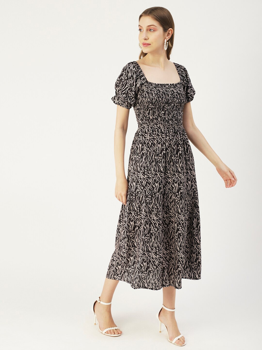 

Moomaya Abstract Printed Puff Sleeves Smocked Fit & Flare Midi Dress, Black