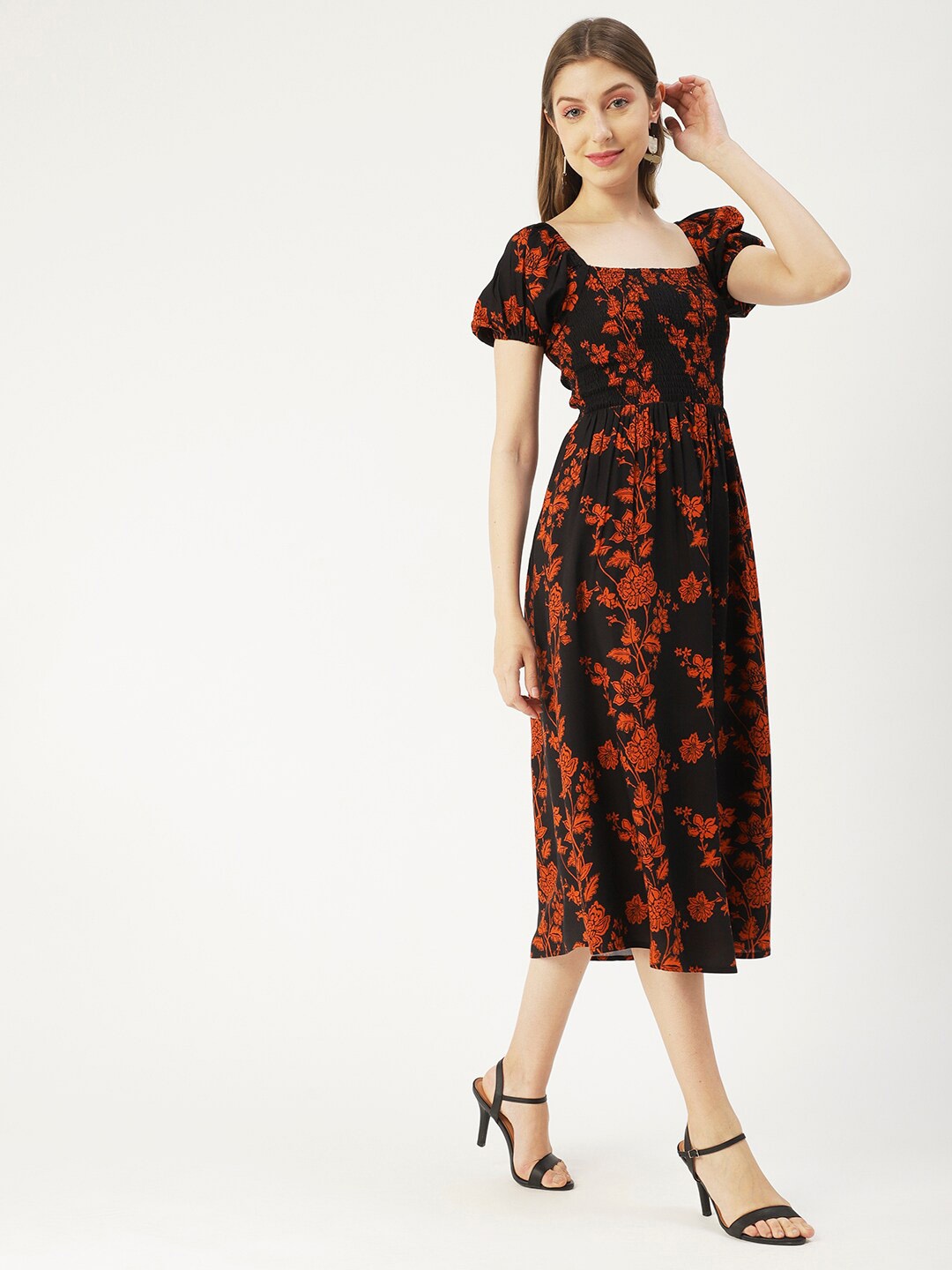 

Moomaya Square Neck Floral Printed Puff Sleeve Fit & Flare Midi Dress, Black