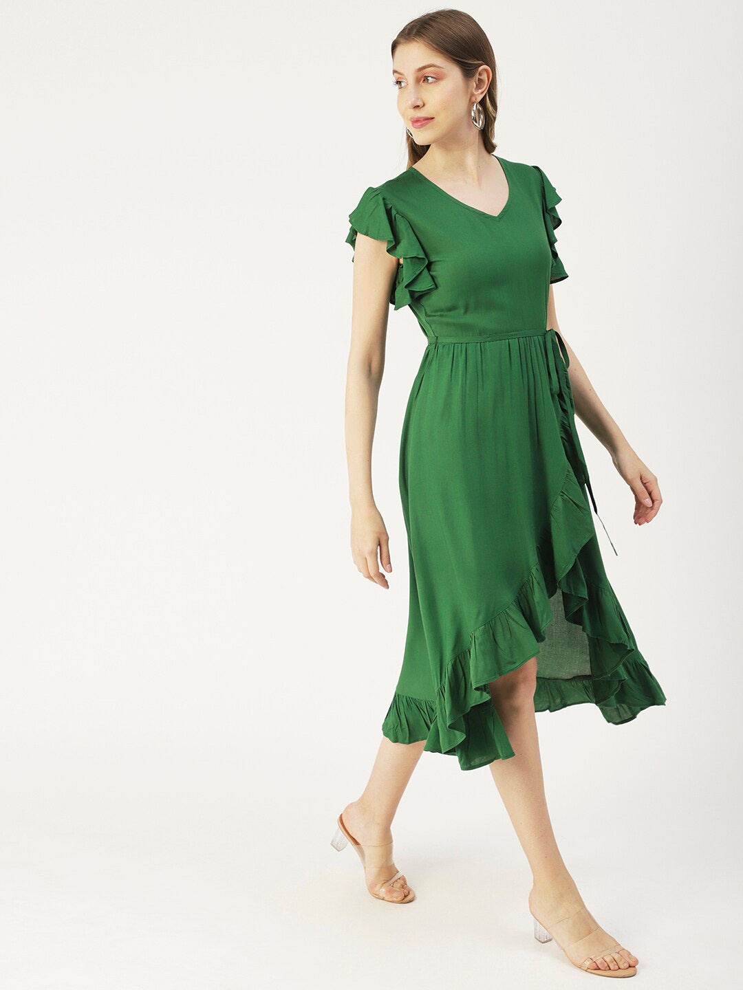 

Moomaya V-Neck Flutter Sleeve Ruffled Fit & Flare Midi Dress, Green