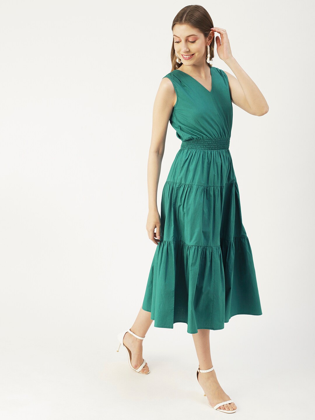 

Moomaya A-Line Smocked Effect Tiered V Neck Midi Dress, Green