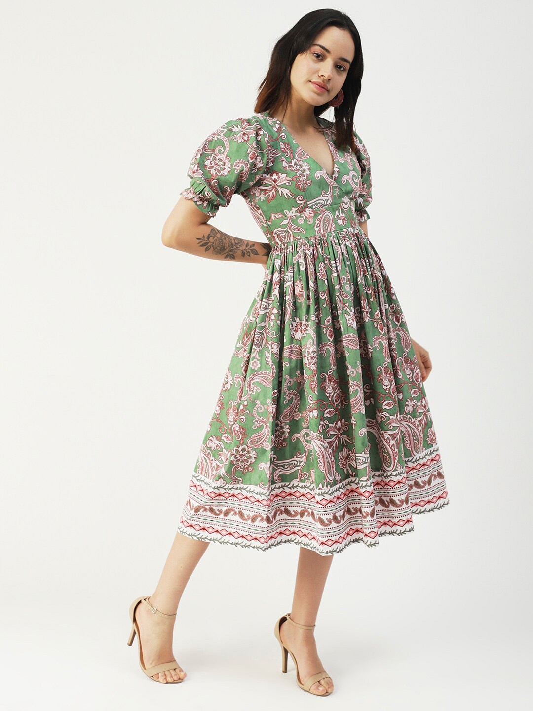 

Moomaya Ethnic Motifs Printed Puff Sleeve Fit & Flare Midi Dress, Green