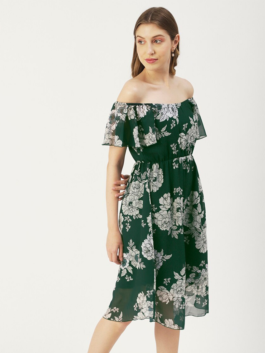 

Moomaya Floral Printed Off-Shoulder Fit & Flare Dress, Green