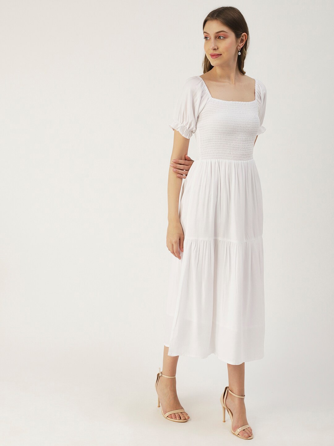 

Moomaya Square Neck Puff Sleeves Smocked Tiered Fit & Flare Midi Dress, White
