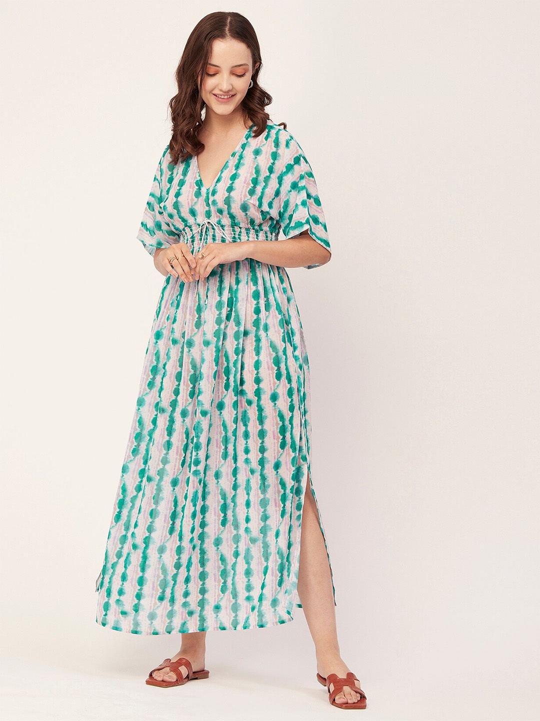 

Moomaya V-Neck Tie and Dye Smocked Maxi Dress, Green