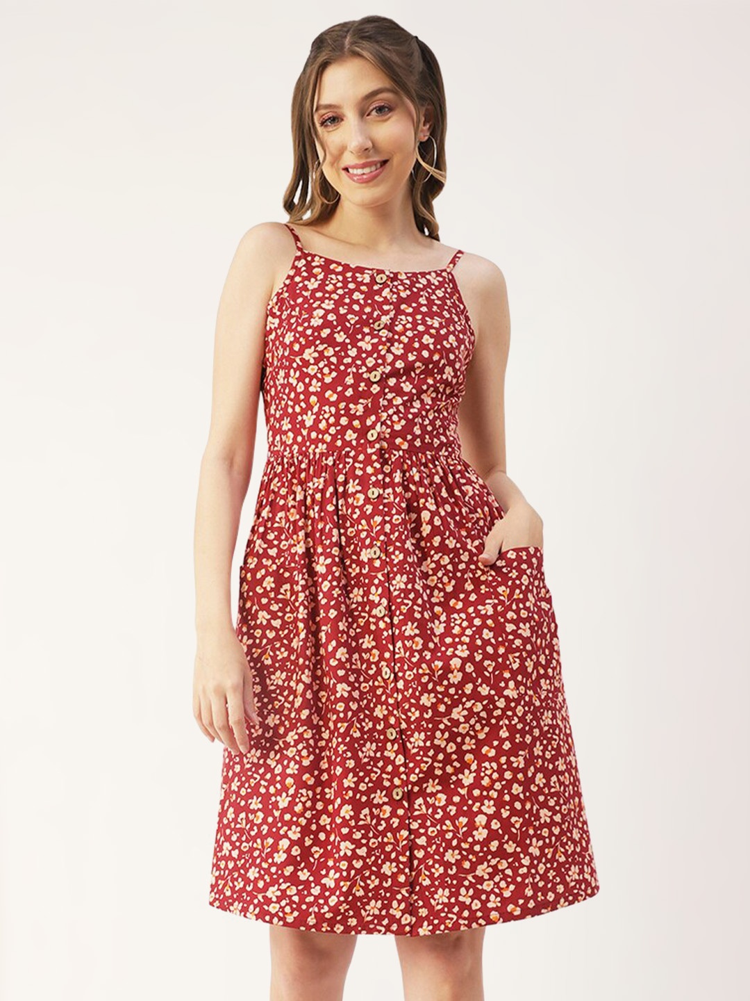 

Moomaya Floral Print Gathered Shoulder Strap Neck Cotton Fit & Flare Dress, Red