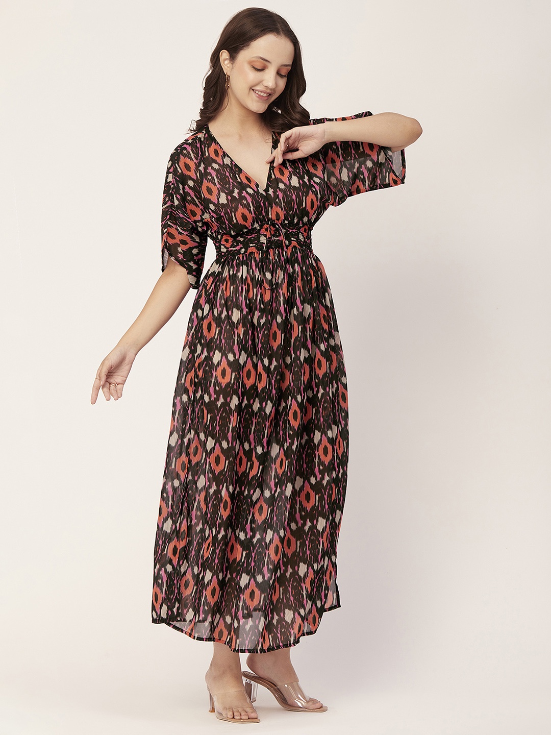 

Moomaya Abstract Printed V-Neck Regular Sleeves Smocked Fit & Flare Maxi Dress, Black