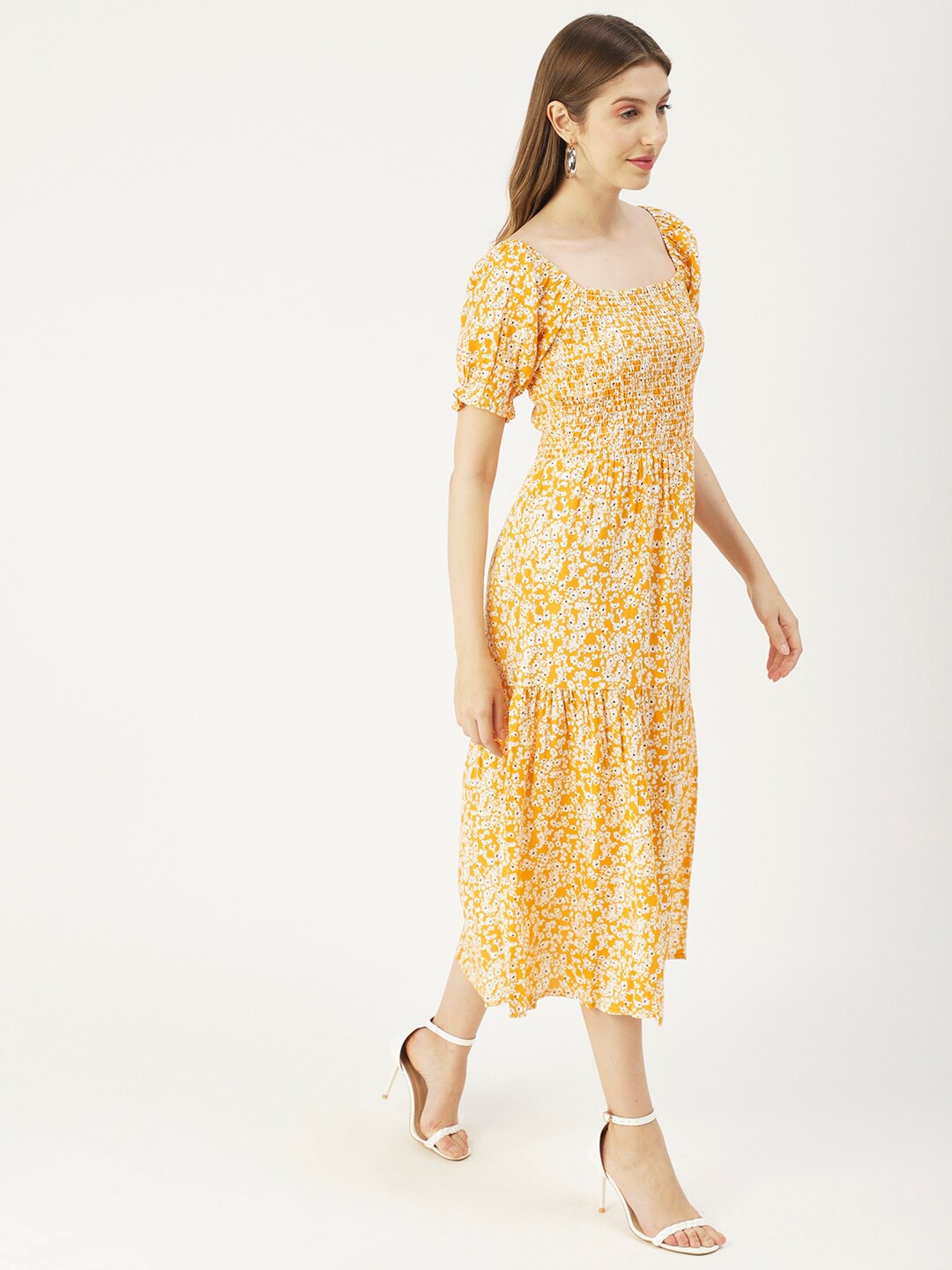 

Moomaya Smocked Floral Printed Puff Sleeves Fit & Flare Midi Dress, Yellow