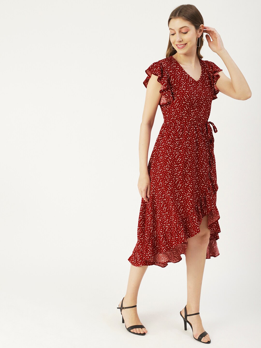 

Moomaya Floral Print Flutter Sleeve High-Low Fit and Flare Midi Dress, Maroon