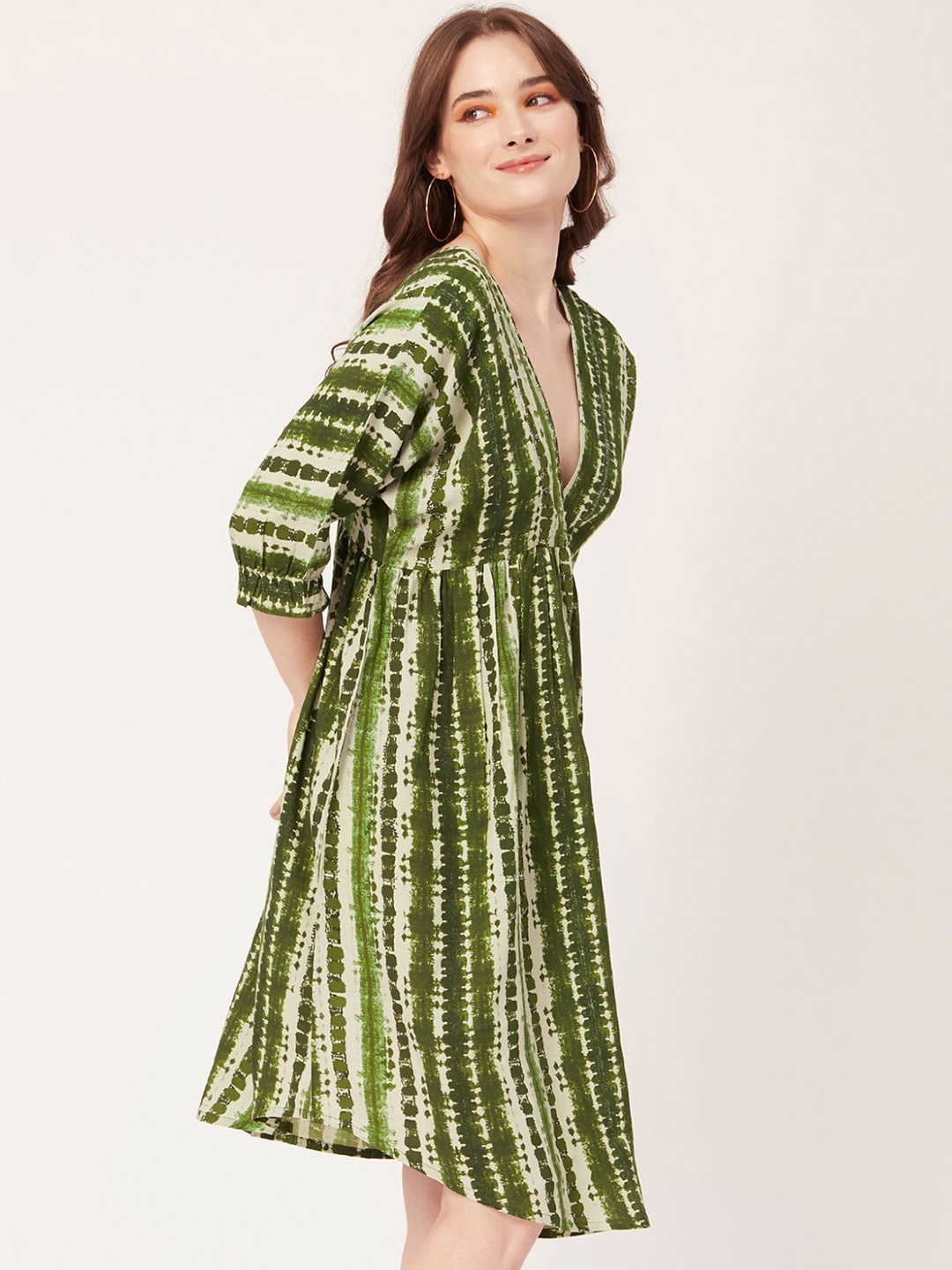 

Moomaya Tie and Dye Print Puff Sleeves Fit & Flare Dress, Green