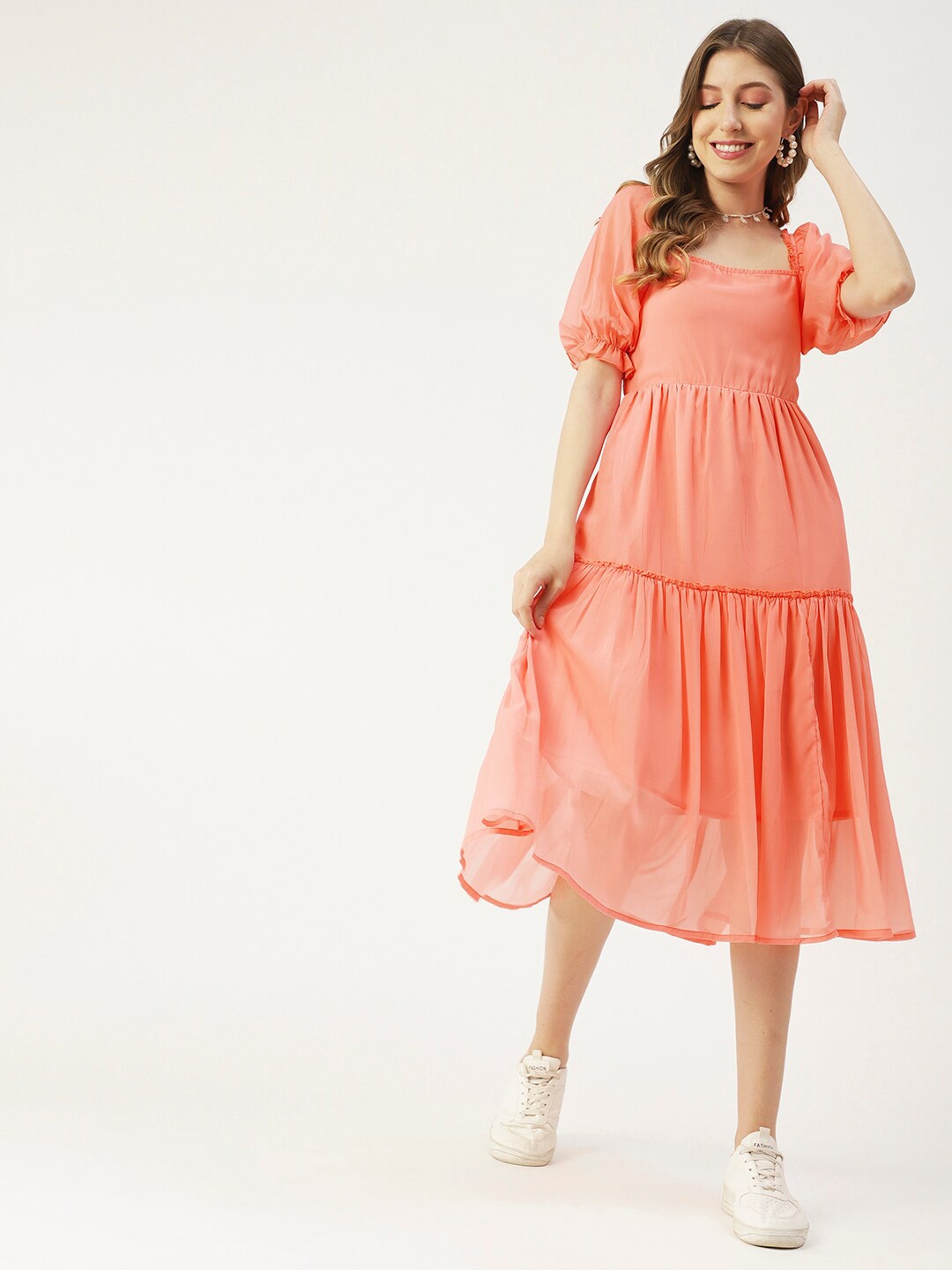 

Moomaya Smocked Puff Sleeves Fit & Flare Midi Dress, Pink