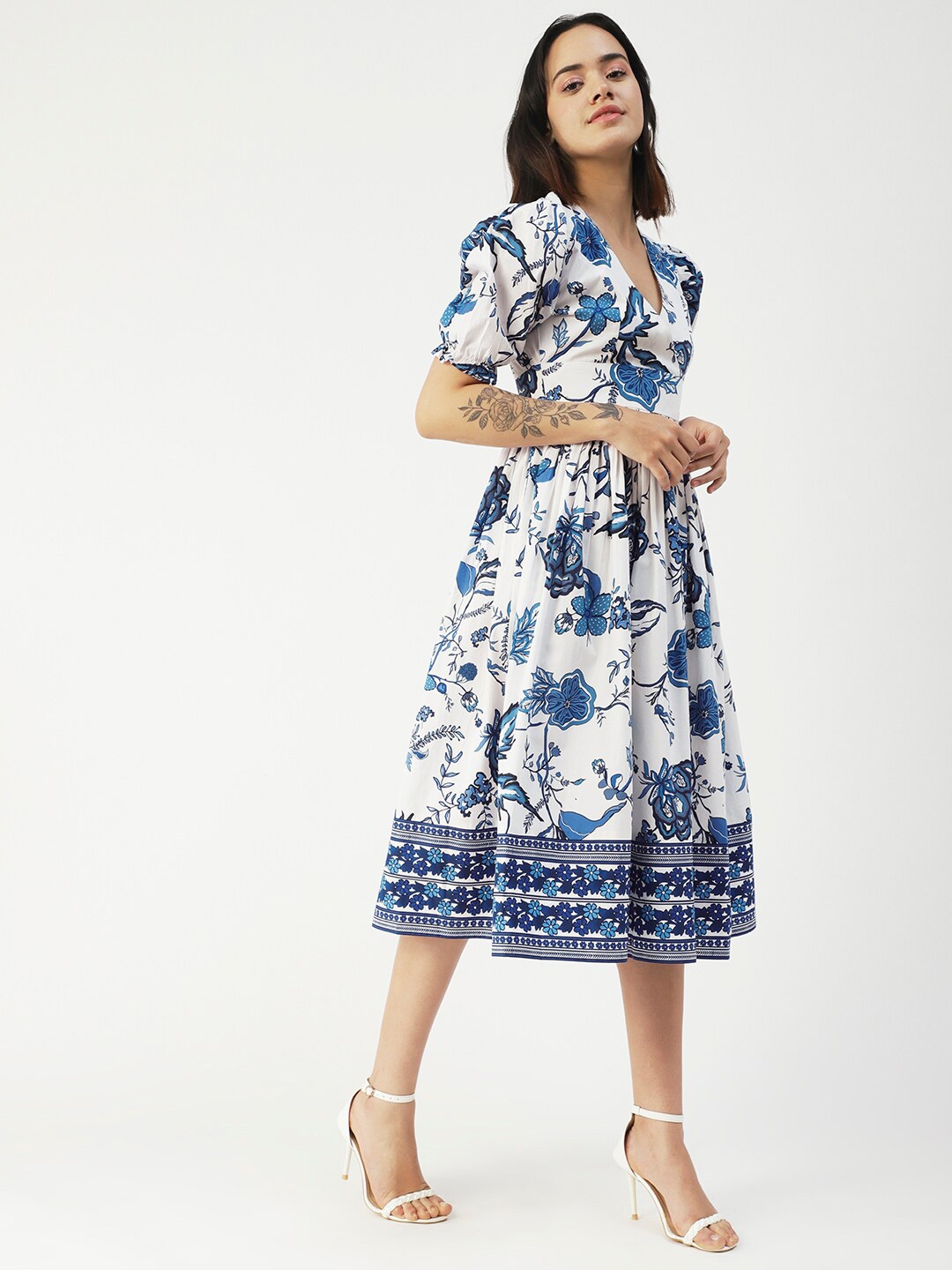 

Moomaya Floral Printed V-Neck Puff Sleeve Cotton Fit & Flare Midi Dress, Blue