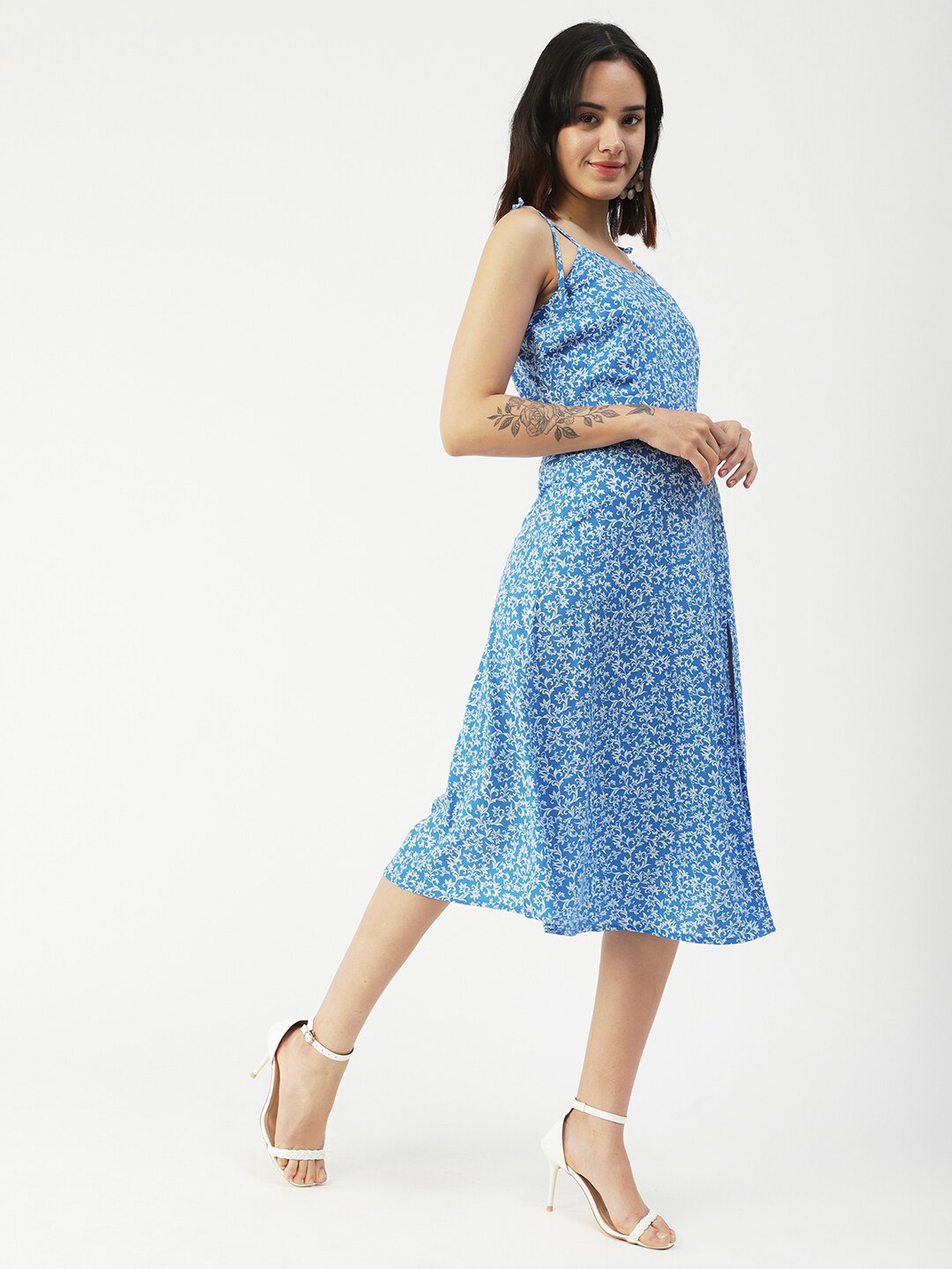 

Moomaya Floral Printed Shoulder Strap Front Slit A-Line Midi Dress, Blue