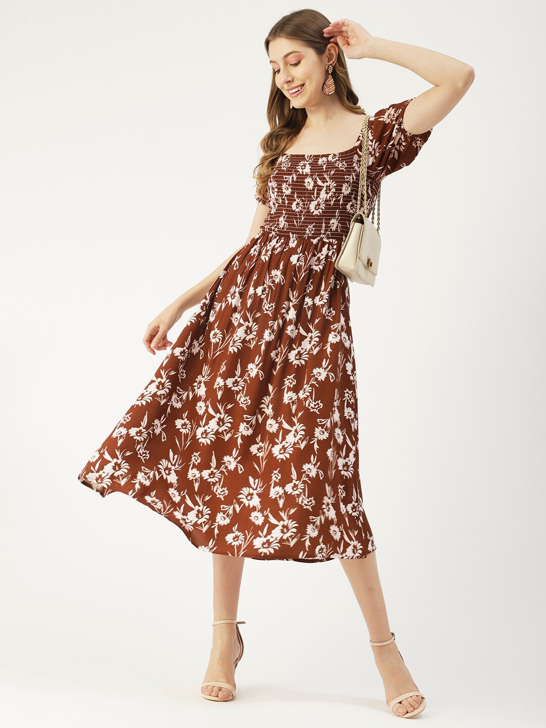 

Moomaya Floral Printed Puff Sleeves Smocked Fit & Flare Midi Dress, Brown