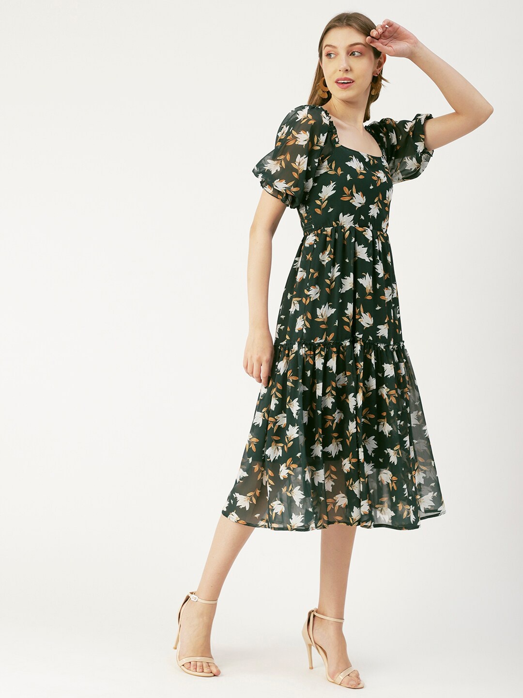 

Moomaya Square neck Floral Printed Smocked A-Line Midi Dress, Green
