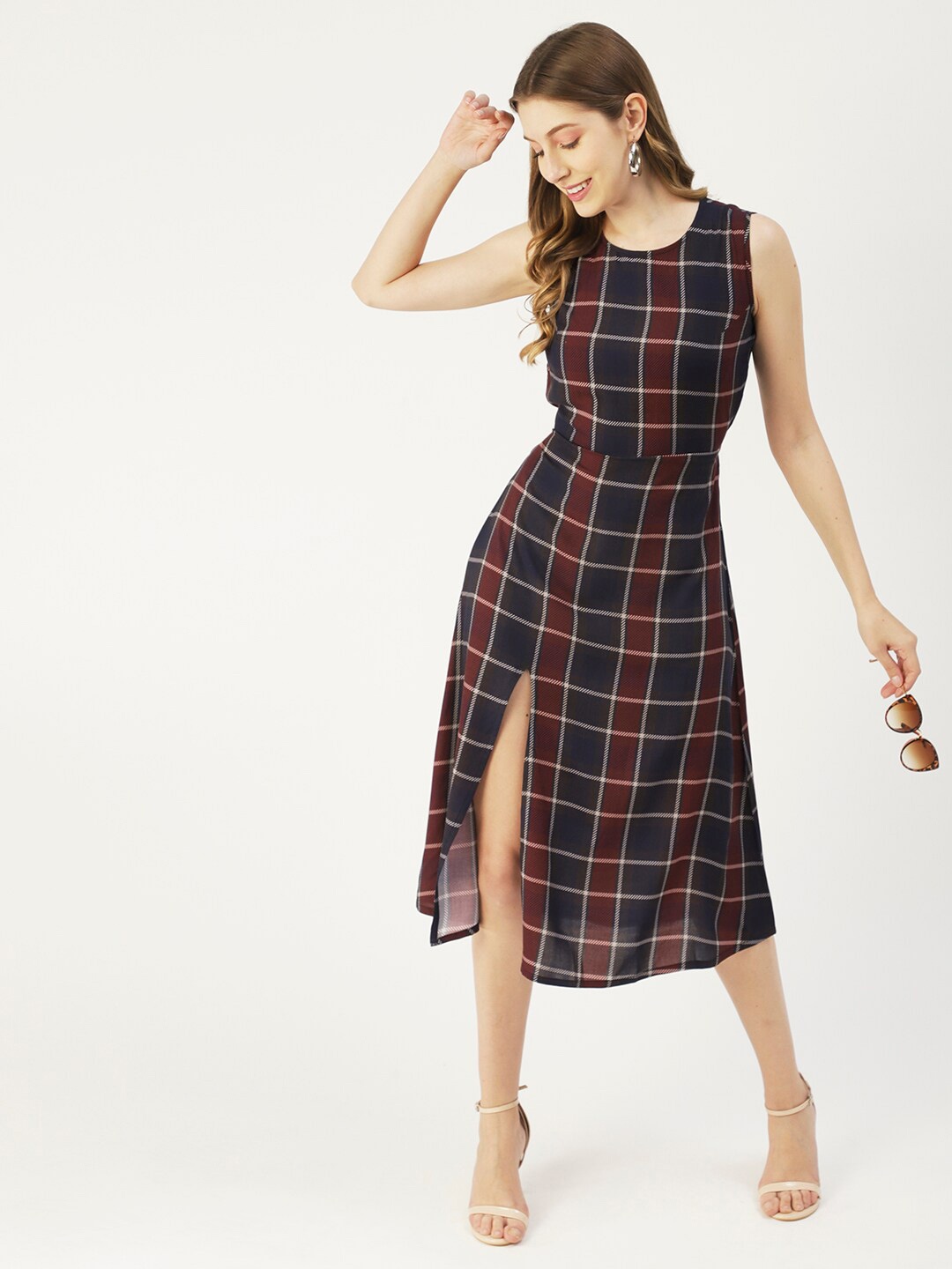 

Moomaya Red Checked A-Line Midi Dress