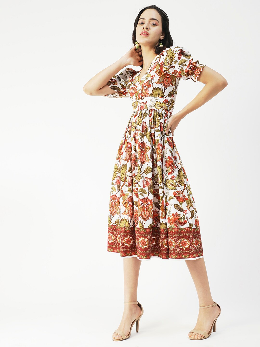 

Moomaya Floral Printed Puff Sleeves Fit & Flare Midi Dress, Multi