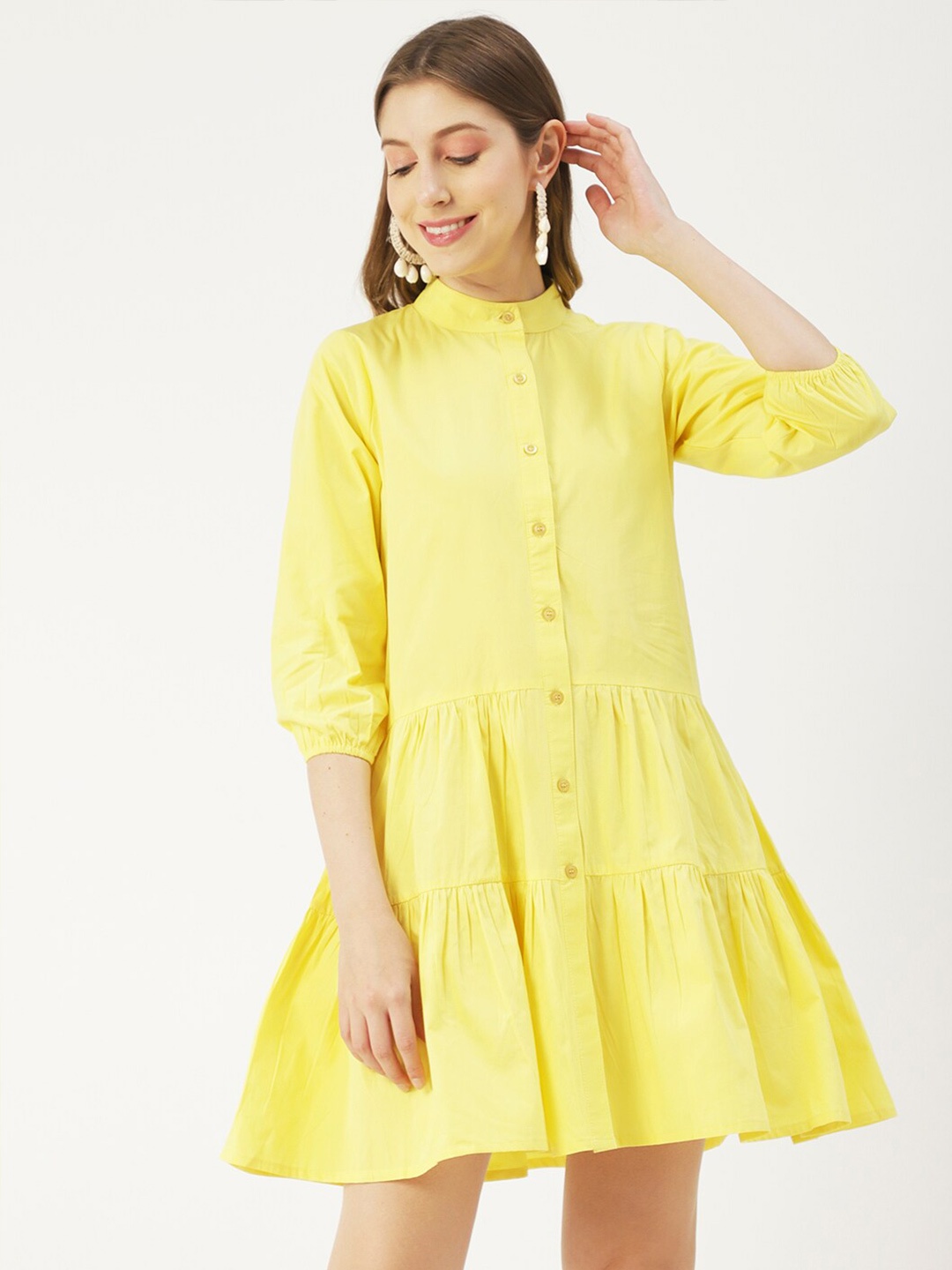 

Moomaya Mandarin Collar A-Line Tiered Cotton Mini Dress, Yellow