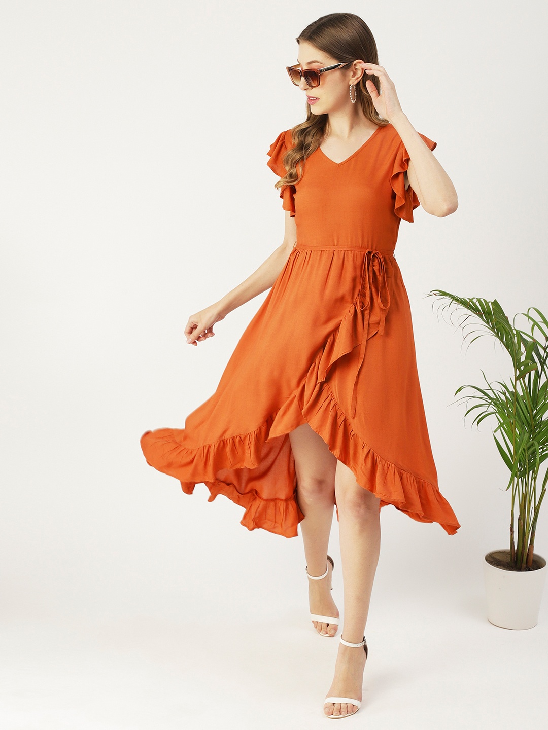 

Moomaya Flutter Sleeve Fit & Flare Midi Dress, Orange