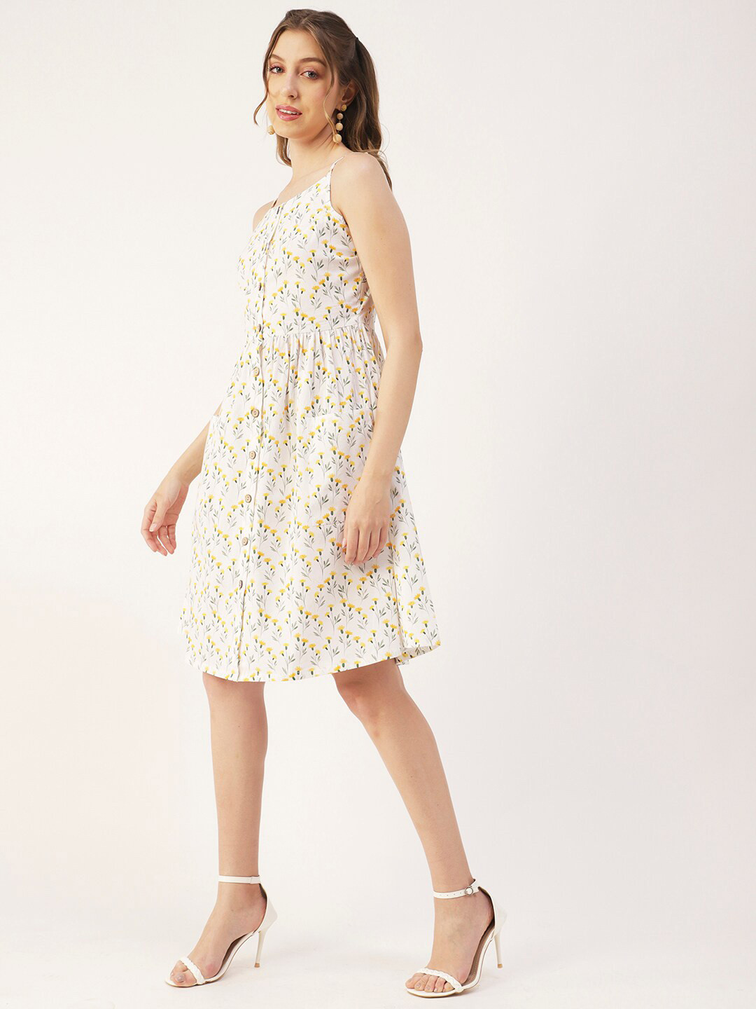 

Moomaya Floral Printed Shoulder Straps Cotton A-Line Dress, White