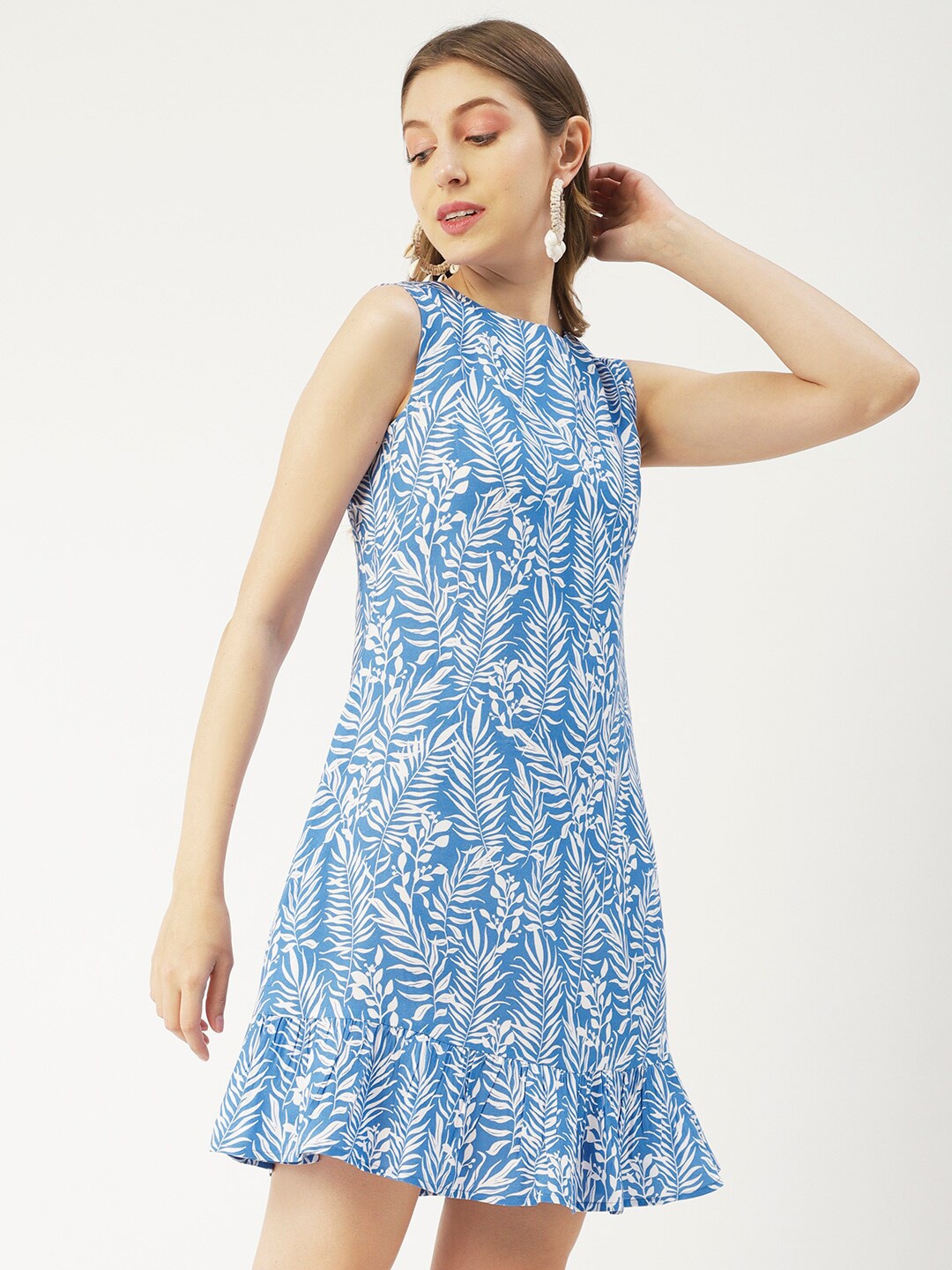 

Moomaya Tropical Printed Round Neck Mini A-Line Dress, Blue