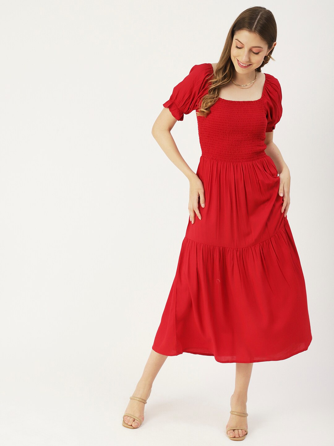 

Moomaya Puff Sleeve Fit & Flare Smocked Style Tiered Midi Dress, Red