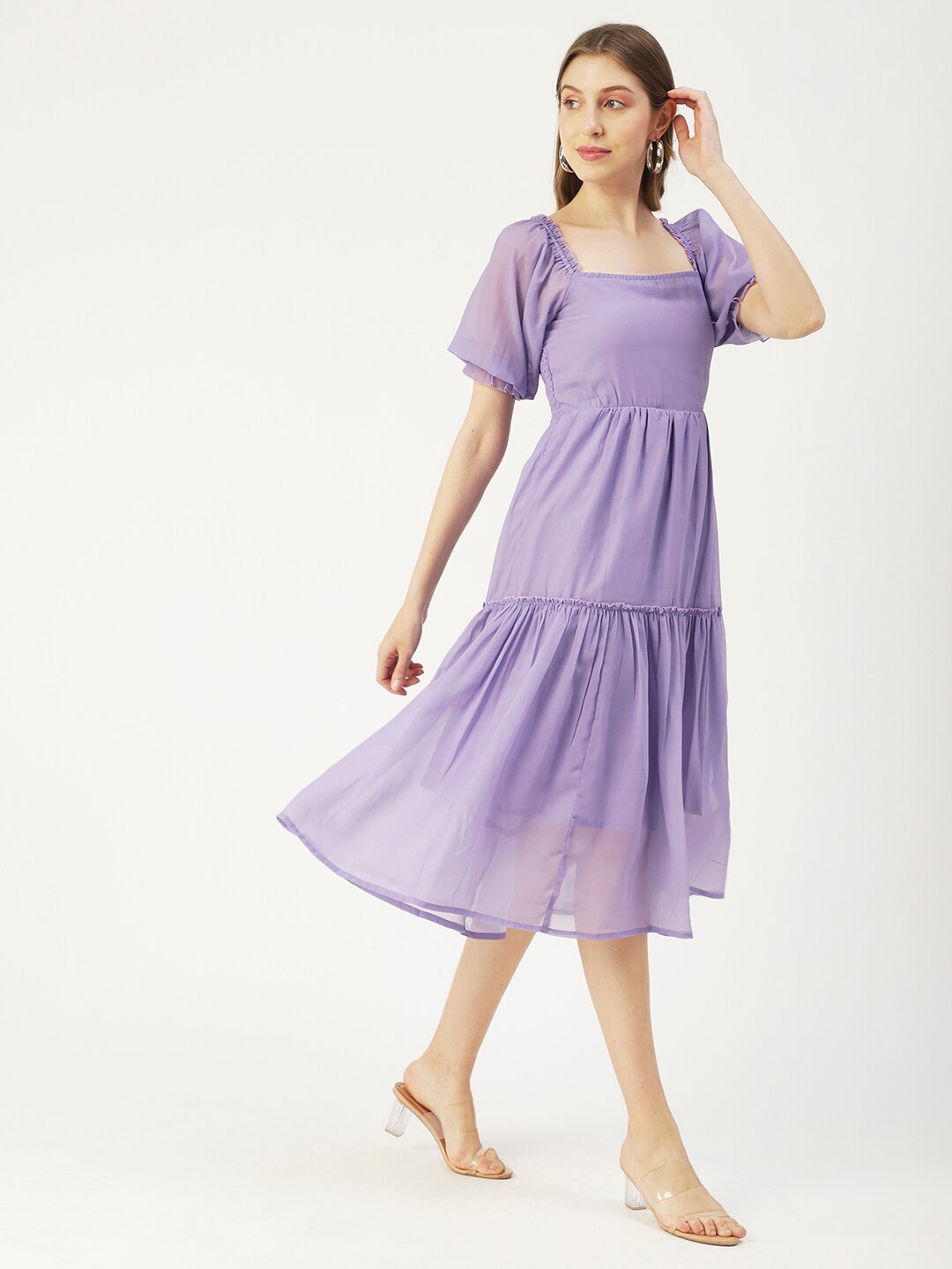 

Moomaya Puff Sleeve Tiered Midi Dress, Purple