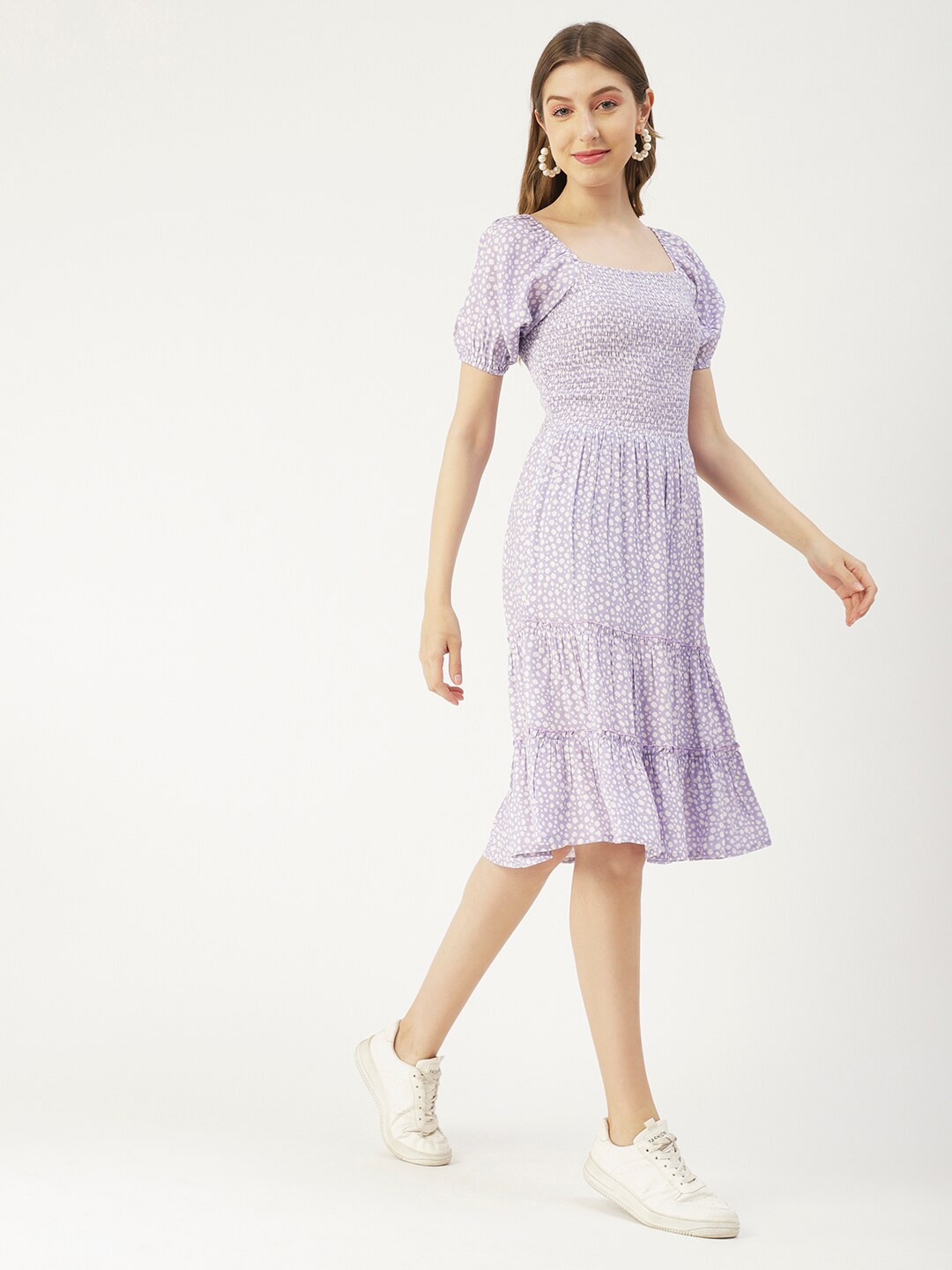 

Moomaya Smocked Abstract Print Puff Sleeve Fit & Flare Dress, Purple