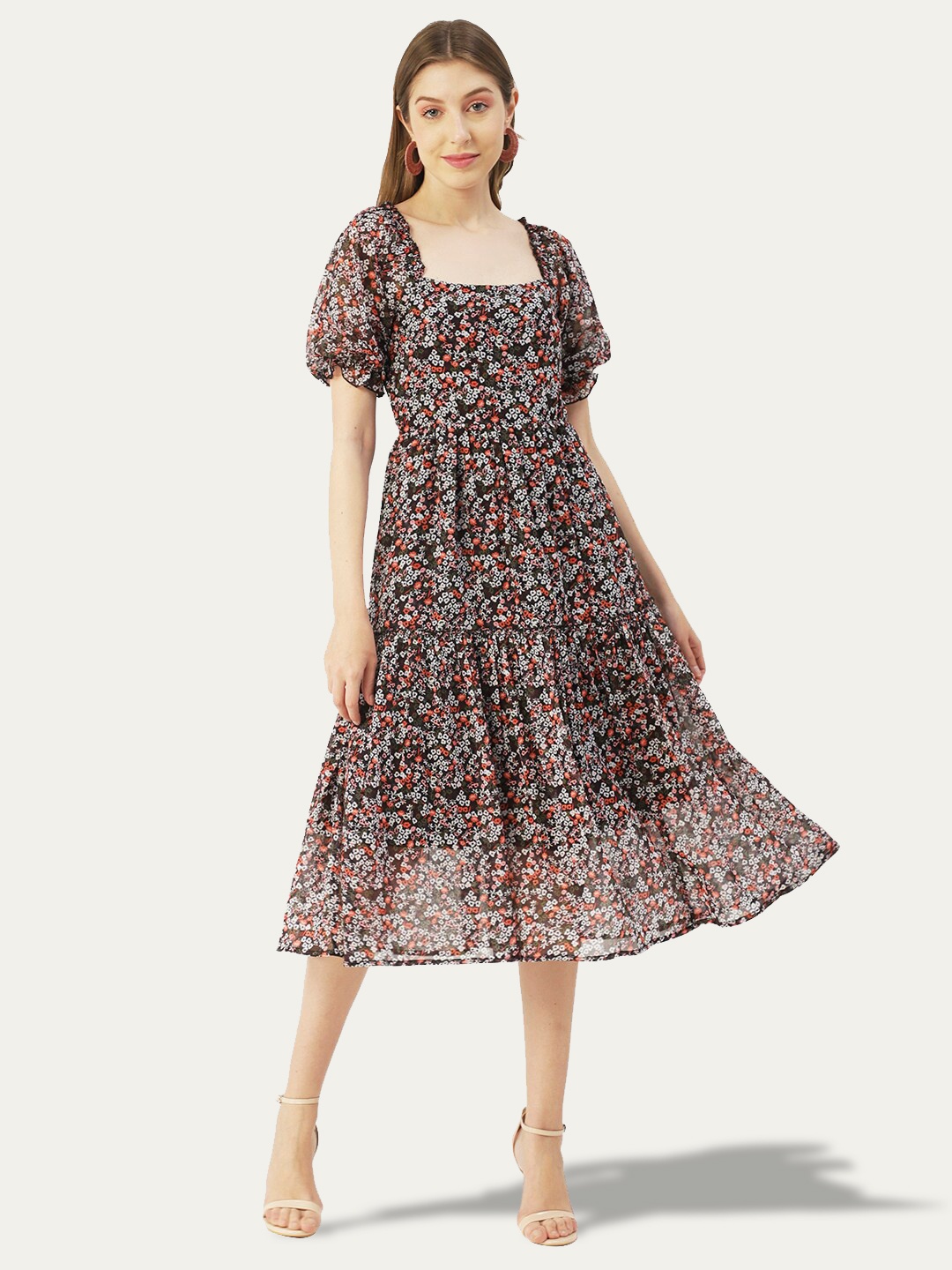 Moomaya Floral Printed Puff Sleeve Fit & Flare Midi Dress, Black