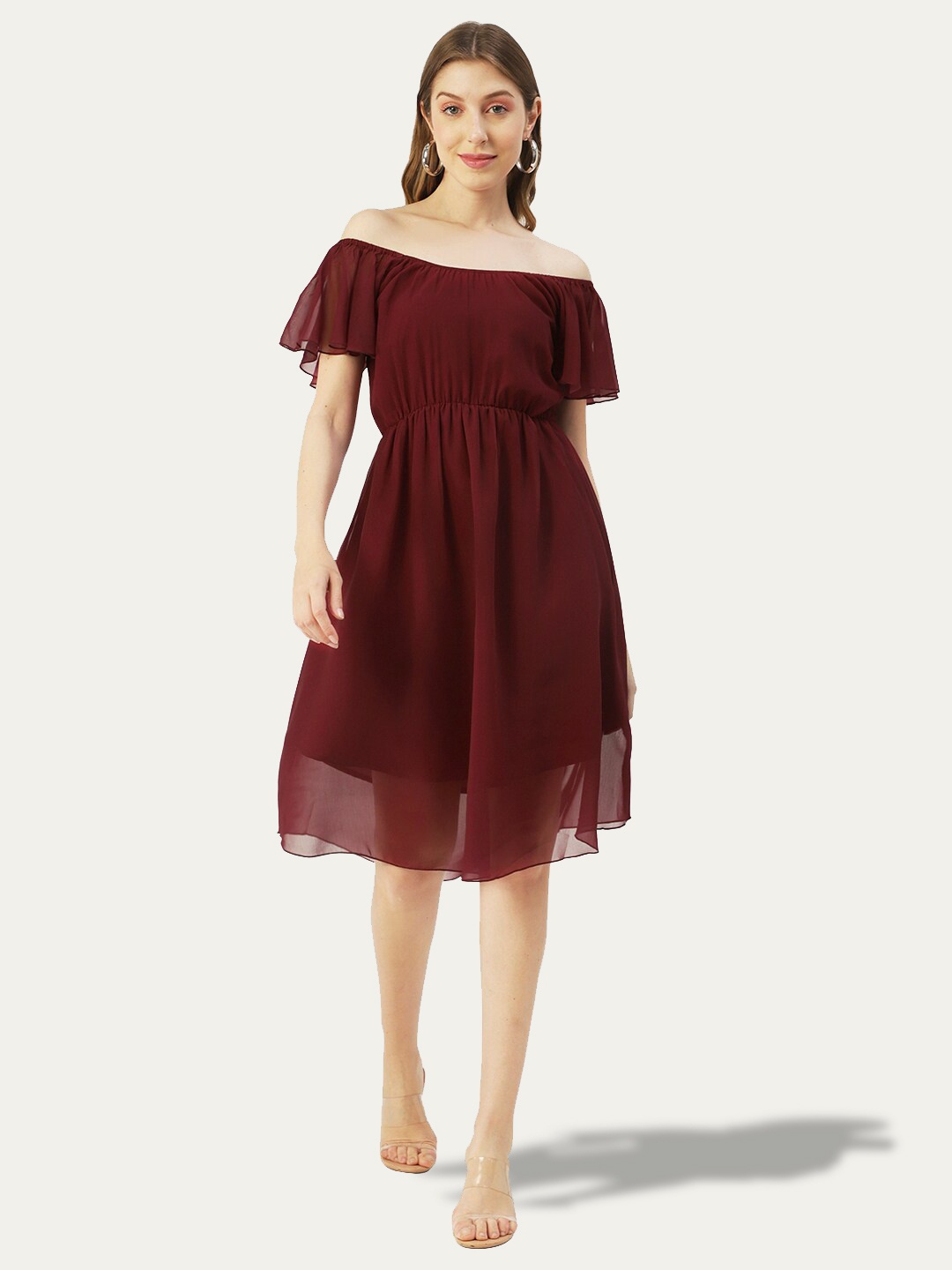 

Moomaya Off-Shoulder Flutter Sleeves Fit & Flare Dress, Maroon